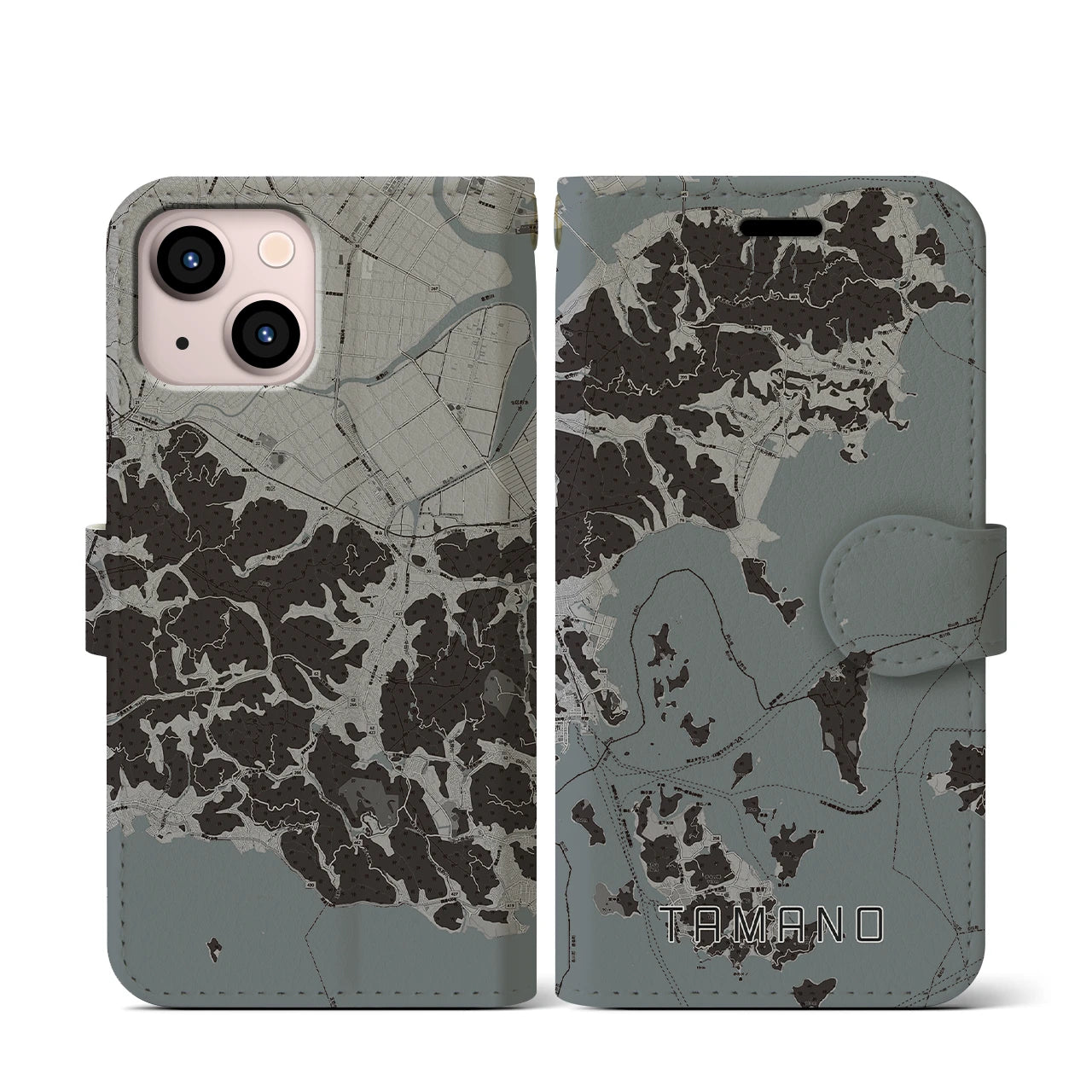 【玉野(岡山県)】地図柄iPhoneケース(手帳タイプ)モノトーン・iPhone 13 mini 用