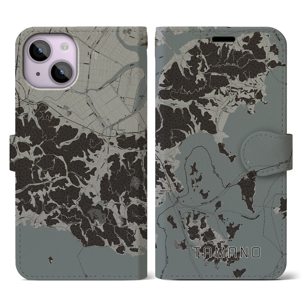 【玉野(岡山県)】地図柄iPhoneケース(手帳タイプ)モノトーン・iPhone 14 用