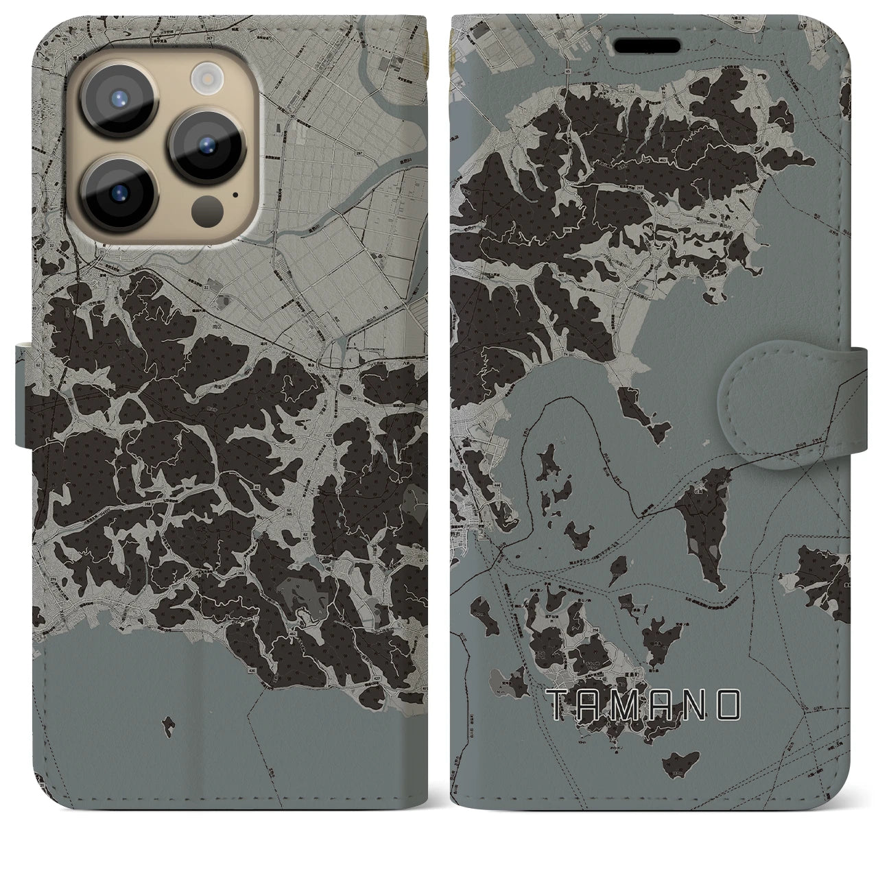 【玉野(岡山県)】地図柄iPhoneケース(手帳タイプ)モノトーン・iPhone 14 Pro Max 用