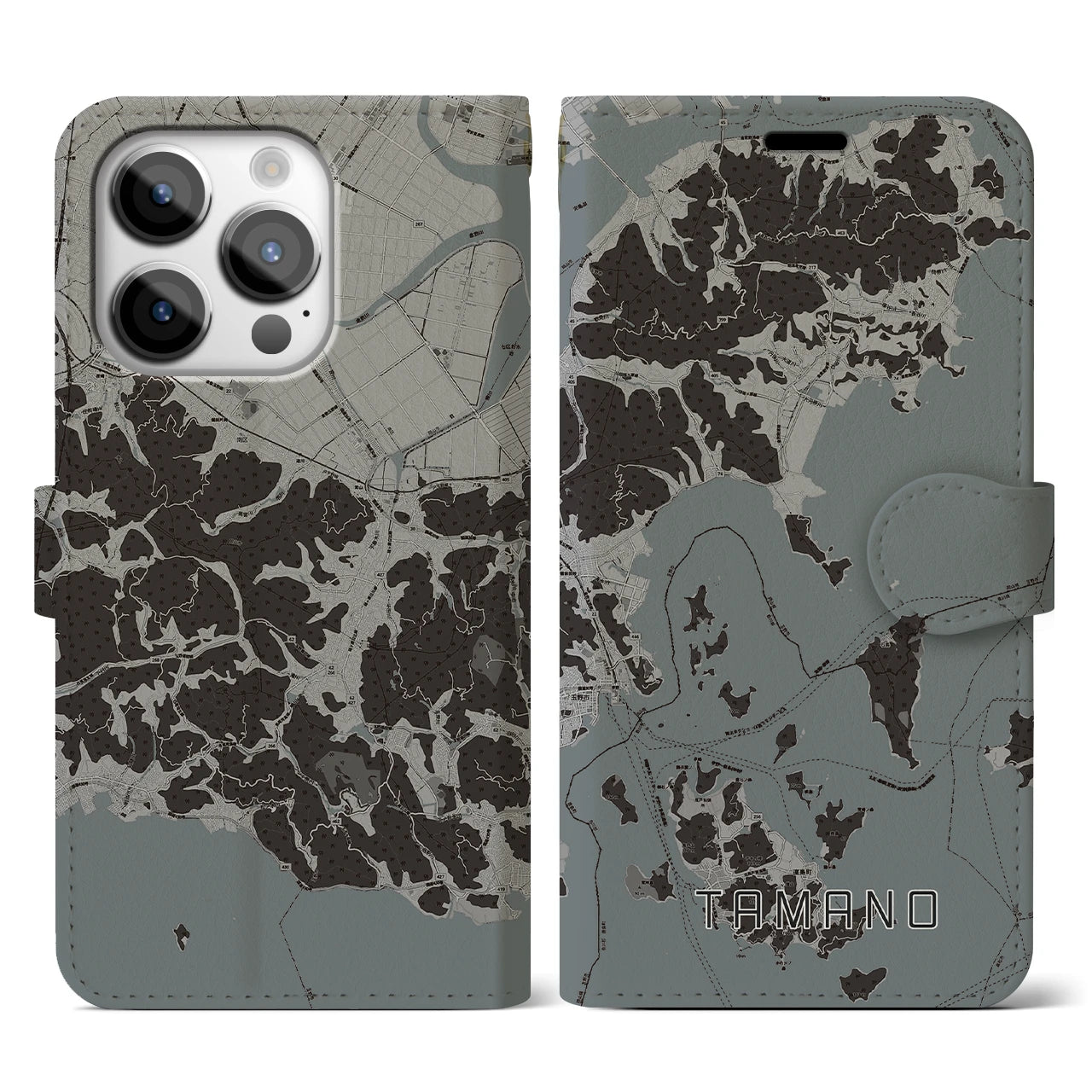 【玉野(岡山県)】地図柄iPhoneケース(手帳タイプ)モノトーン・iPhone 14 Pro 用