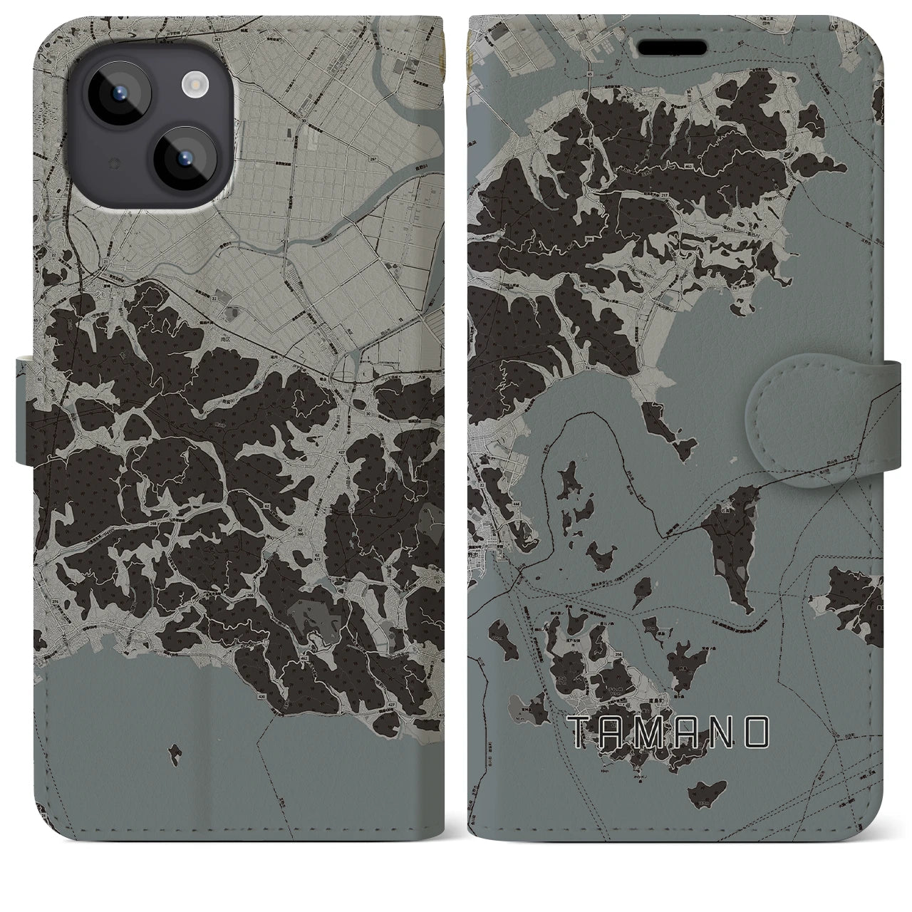 【玉野(岡山県)】地図柄iPhoneケース(手帳タイプ)モノトーン・iPhone 14 Plus 用