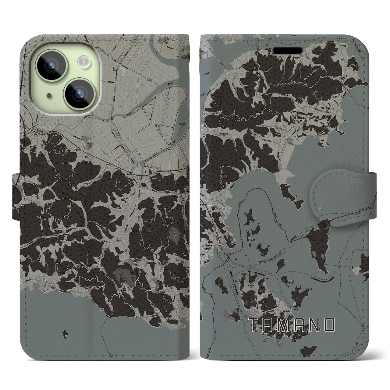 【玉野(岡山県)】地図柄iPhoneケース(手帳タイプ)モノトーン・iPhone 15 用