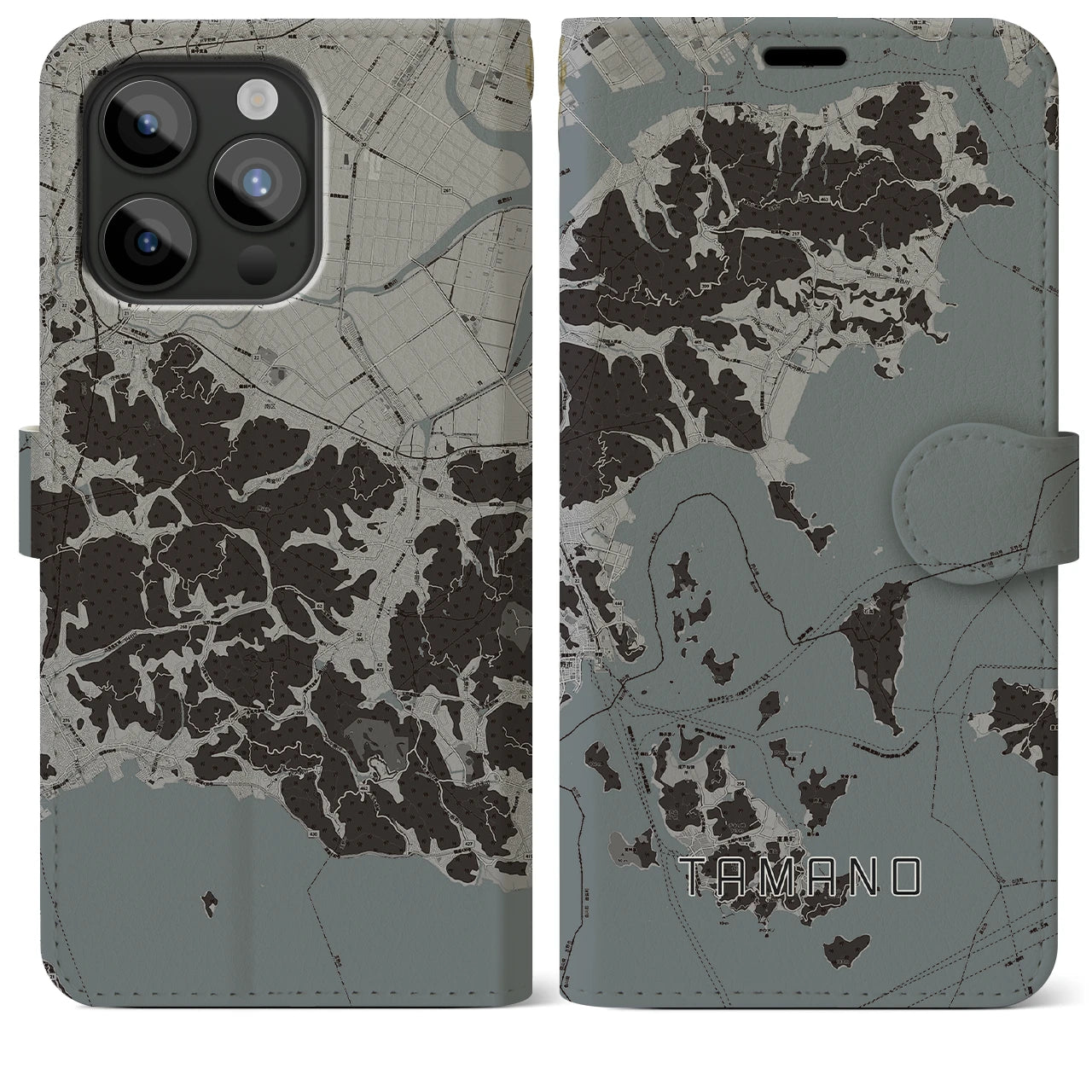 【玉野(岡山県)】地図柄iPhoneケース(手帳タイプ)モノトーン・iPhone 15 Pro Max 用