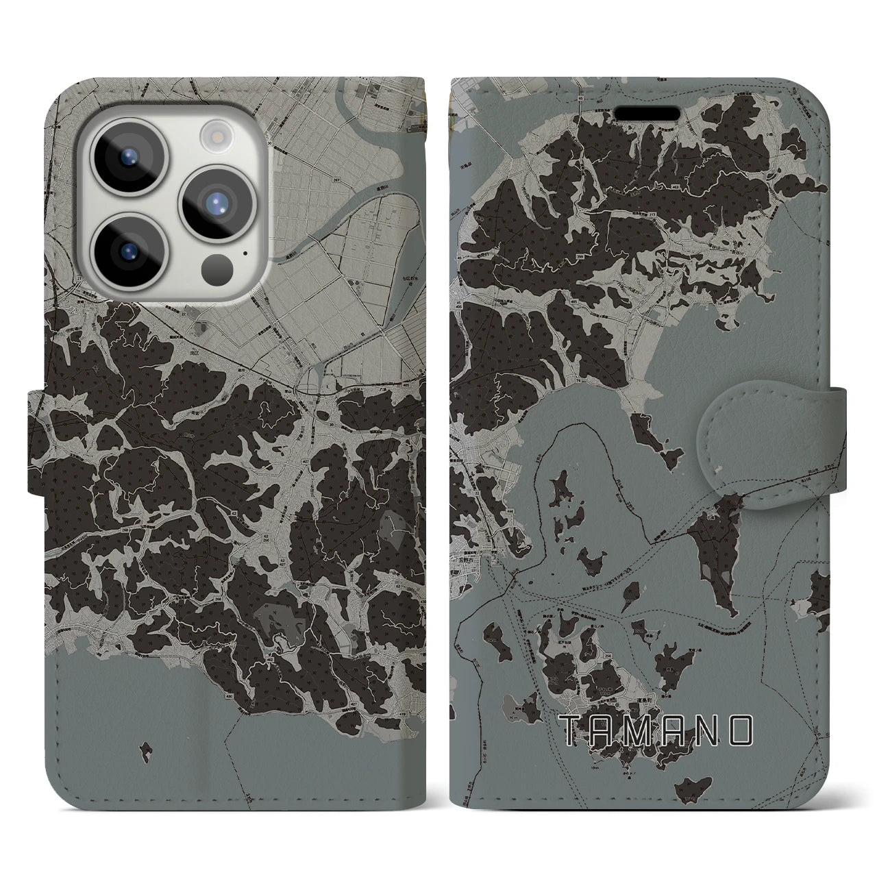 【玉野(岡山県)】地図柄iPhoneケース(手帳タイプ)モノトーン・iPhone 15 Pro 用