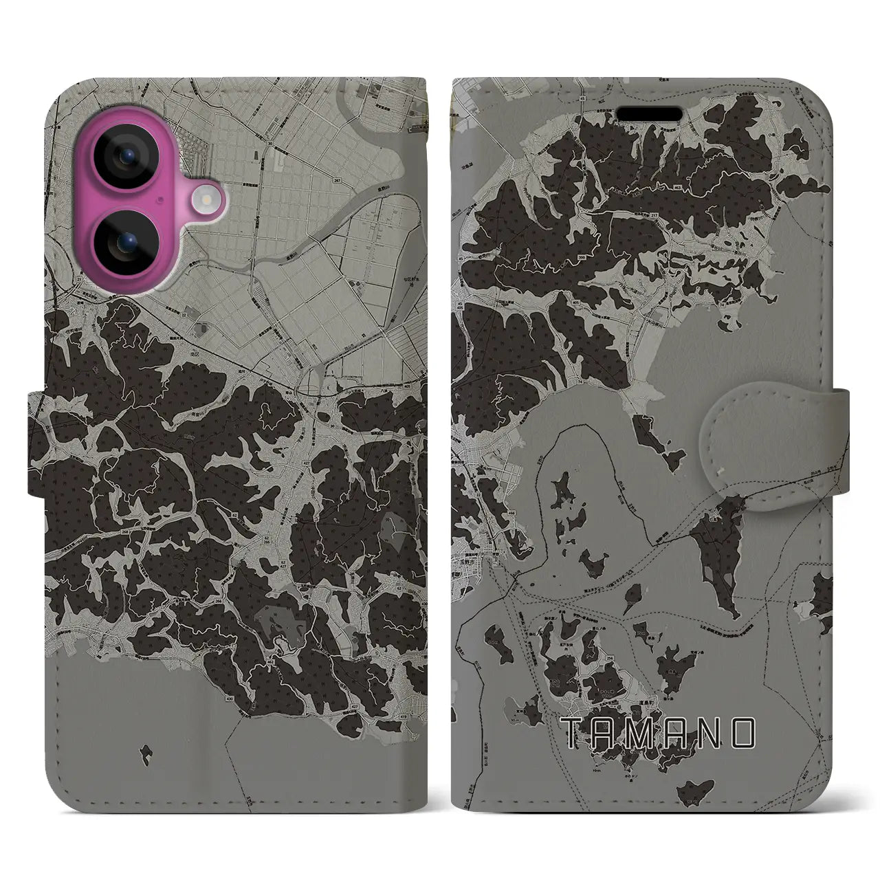 【玉野(岡山県)】地図柄iPhoneケース(手帳タイプ)モノトーン・iPhone 16 Pro 用