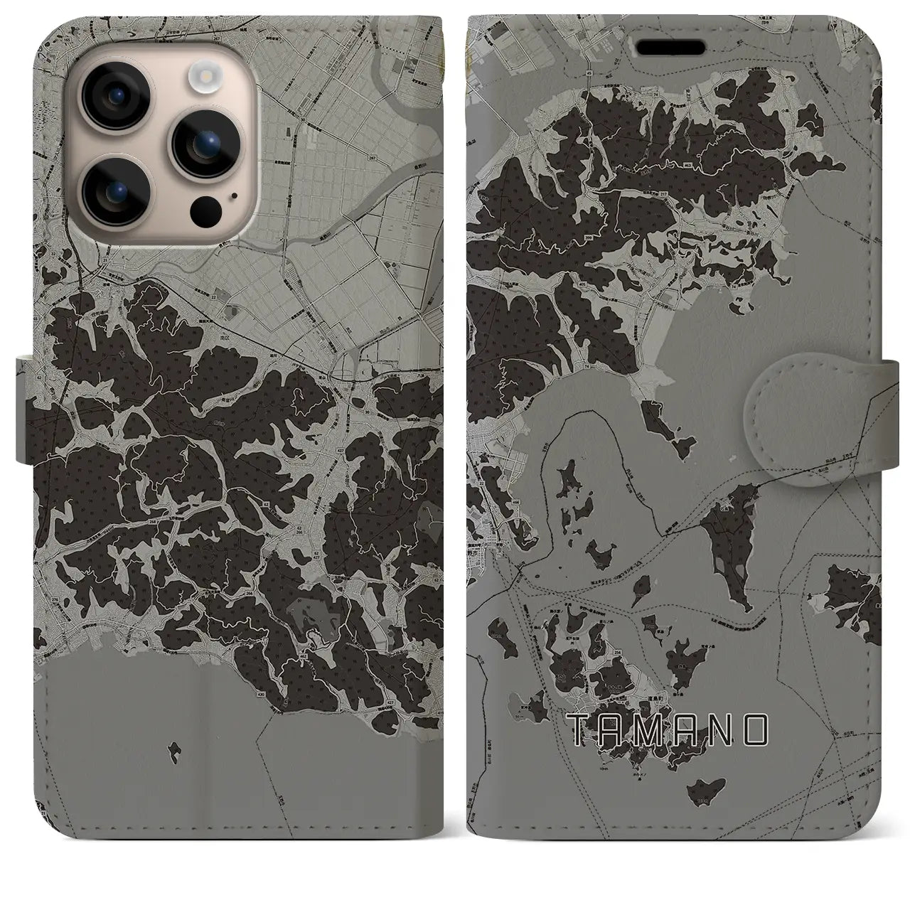 【玉野(岡山県)】地図柄iPhoneケース(手帳タイプ)モノトーン・iPhone 16 Plus 用