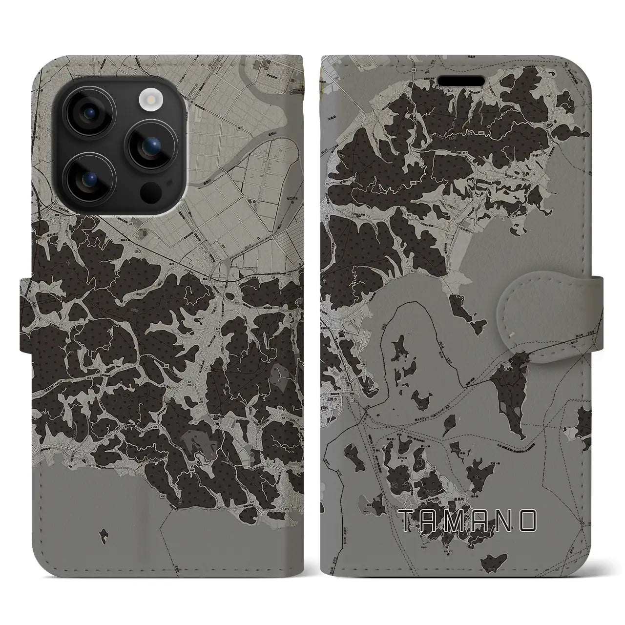 【玉野(岡山県)】地図柄iPhoneケース(手帳タイプ)モノトーン・iPhone 16 用