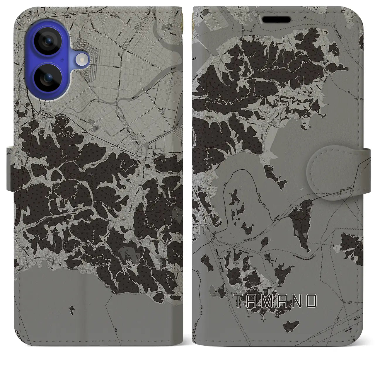 【玉野(岡山県)】地図柄iPhoneケース(手帳タイプ)モノトーン・iPhone 16 Pro Max 用