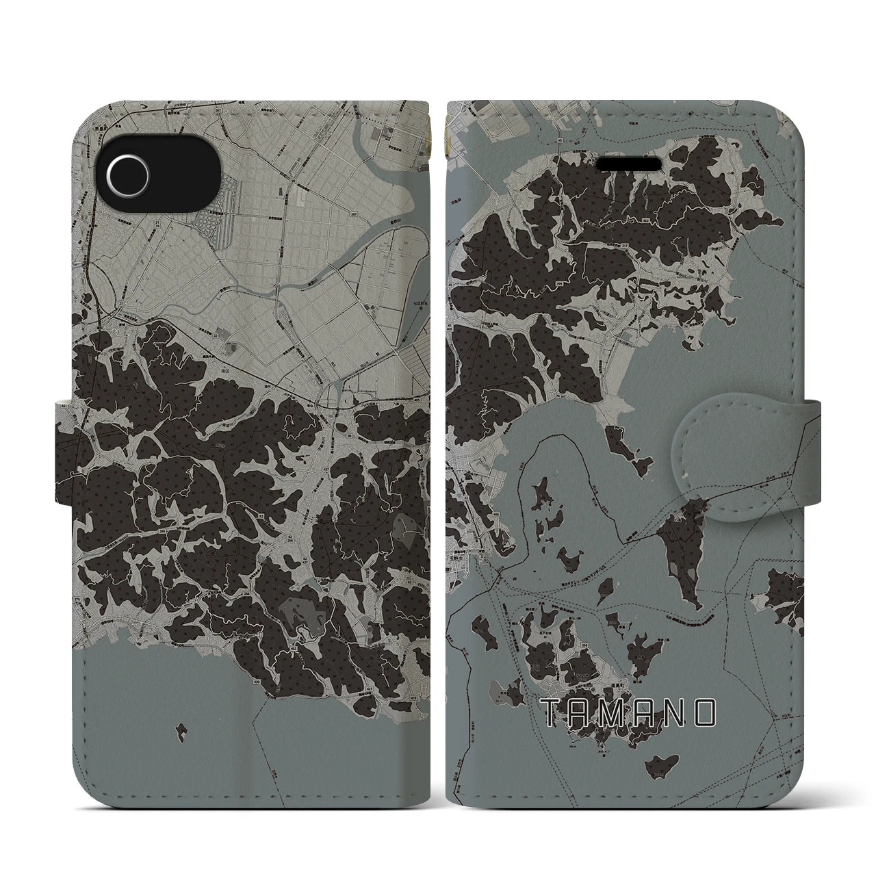 【玉野(岡山県)】地図柄iPhoneケース(手帳タイプ)モノトーン・iPhone SE(第3 / 第2世代) / 8 / 7 / 6s / 6 用