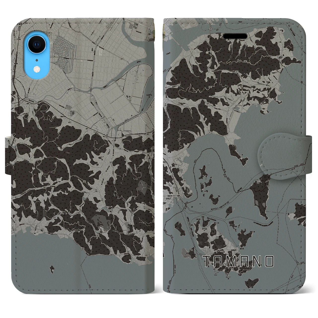 【玉野(岡山県)】地図柄iPhoneケース(手帳タイプ)モノトーン・iPhone XR 用