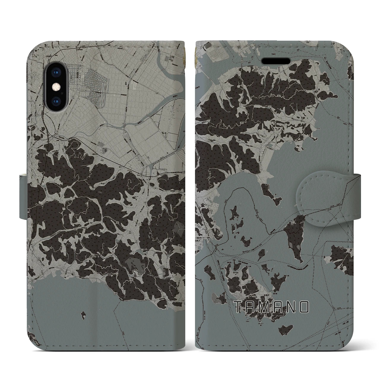 【玉野(岡山県)】地図柄iPhoneケース(手帳タイプ)モノトーン・iPhone XS / X 用