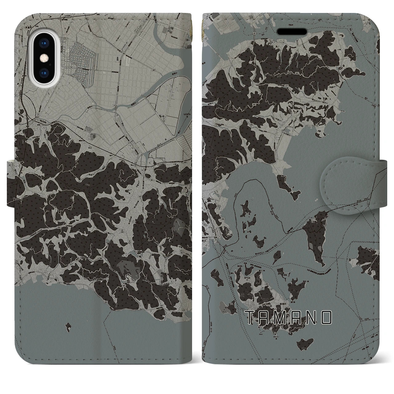 【玉野(岡山県)】地図柄iPhoneケース(手帳タイプ)モノトーン・iPhone XS Max 用