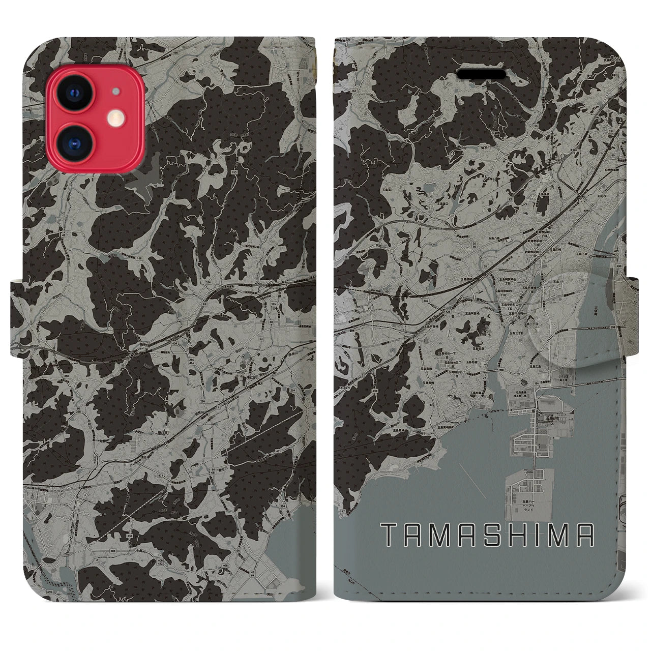 【玉島(岡山県)】地図柄iPhoneケース(手帳タイプ)モノトーン・iPhone 11 用