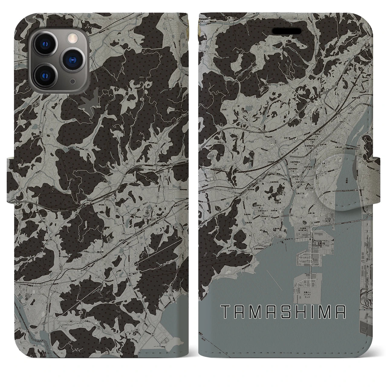 【玉島(岡山県)】地図柄iPhoneケース(手帳タイプ)モノトーン・iPhone 11 Pro Max 用