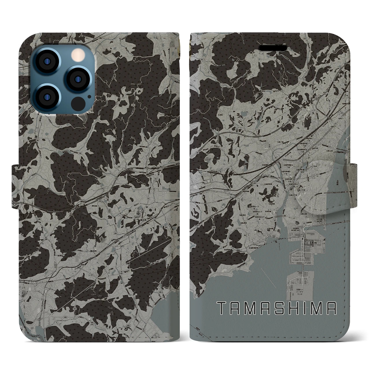 【玉島(岡山県)】地図柄iPhoneケース(手帳タイプ)モノトーン・iPhone 12 / 12 Pro 用
