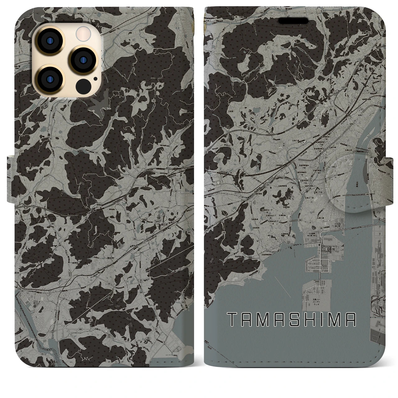 【玉島(岡山県)】地図柄iPhoneケース(手帳タイプ)モノトーン・iPhone 12 Pro Max 用