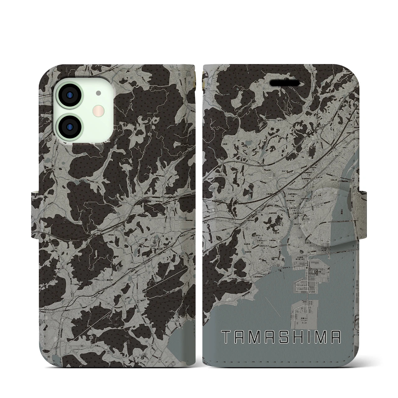 【玉島(岡山県)】地図柄iPhoneケース(手帳タイプ)モノトーン・iPhone 12 mini 用