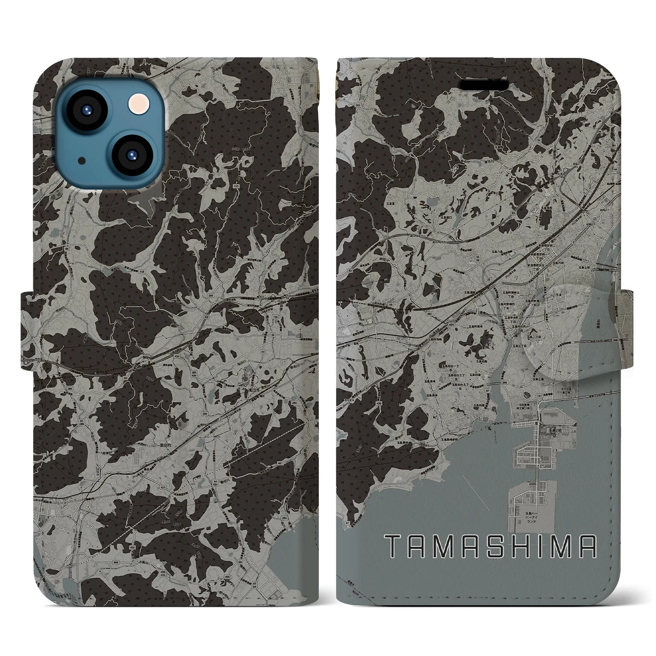 【玉島(岡山県)】地図柄iPhoneケース(手帳タイプ)モノトーン・iPhone 13 用