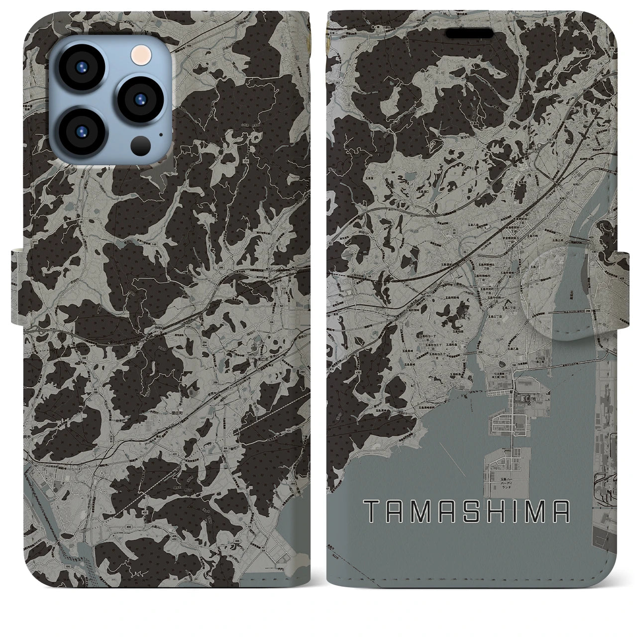 【玉島(岡山県)】地図柄iPhoneケース(手帳タイプ)モノトーン・iPhone 13 Pro Max 用