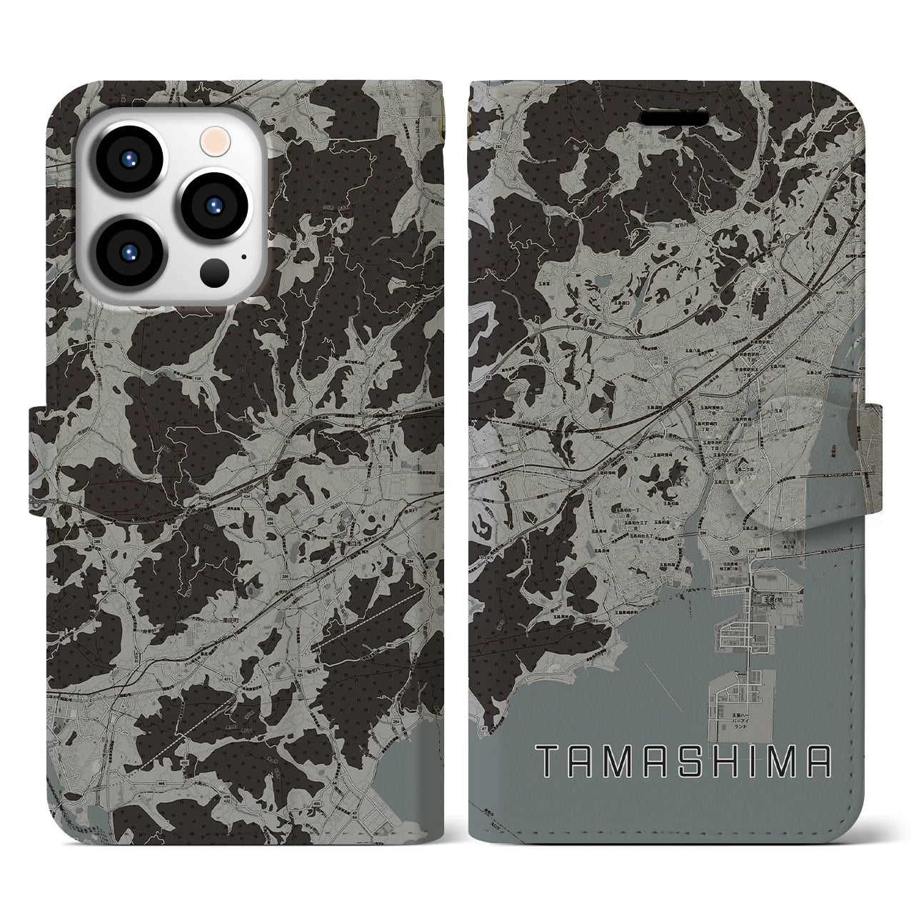 【玉島(岡山県)】地図柄iPhoneケース(手帳タイプ)モノトーン・iPhone 13 Pro 用