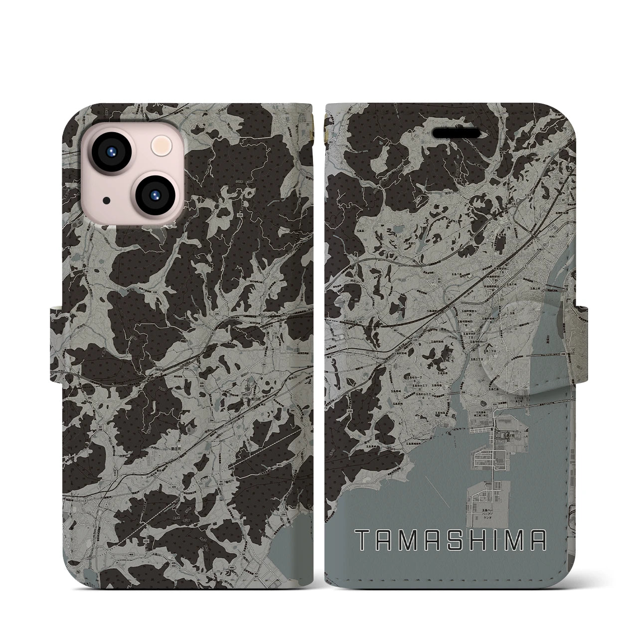 【玉島(岡山県)】地図柄iPhoneケース(手帳タイプ)モノトーン・iPhone 13 mini 用