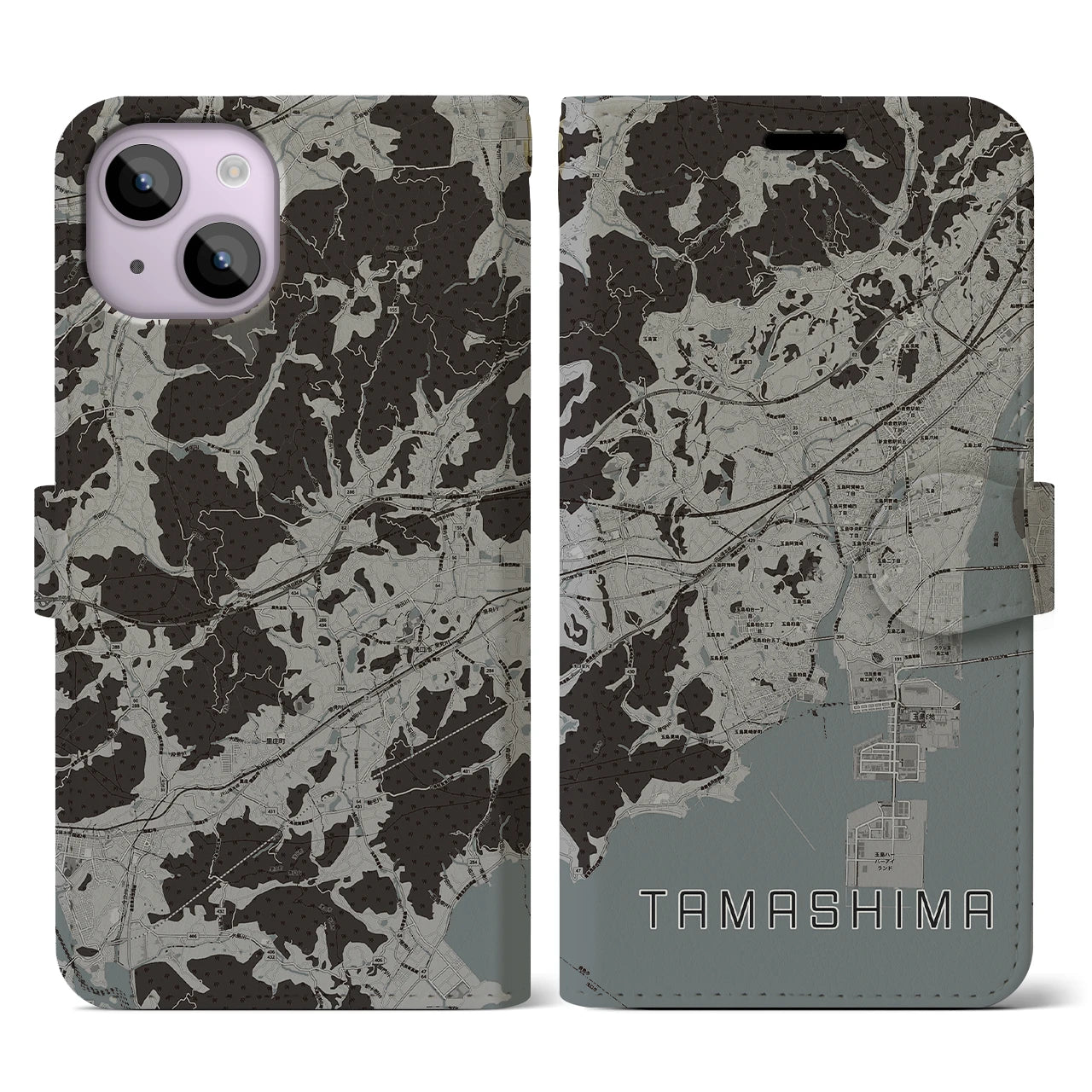 【玉島(岡山県)】地図柄iPhoneケース(手帳タイプ)モノトーン・iPhone 14 用