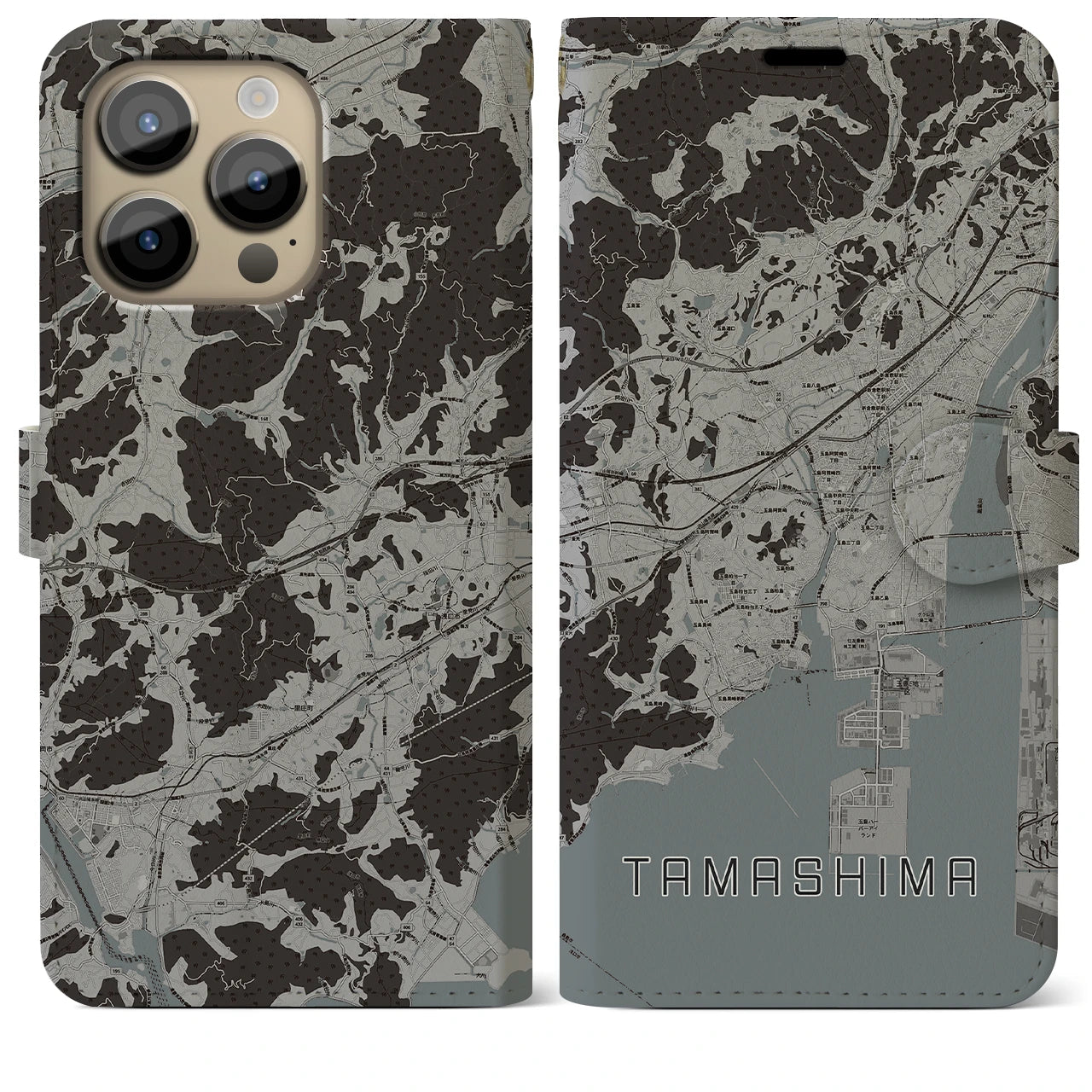 【玉島(岡山県)】地図柄iPhoneケース(手帳タイプ)モノトーン・iPhone 14 Pro Max 用