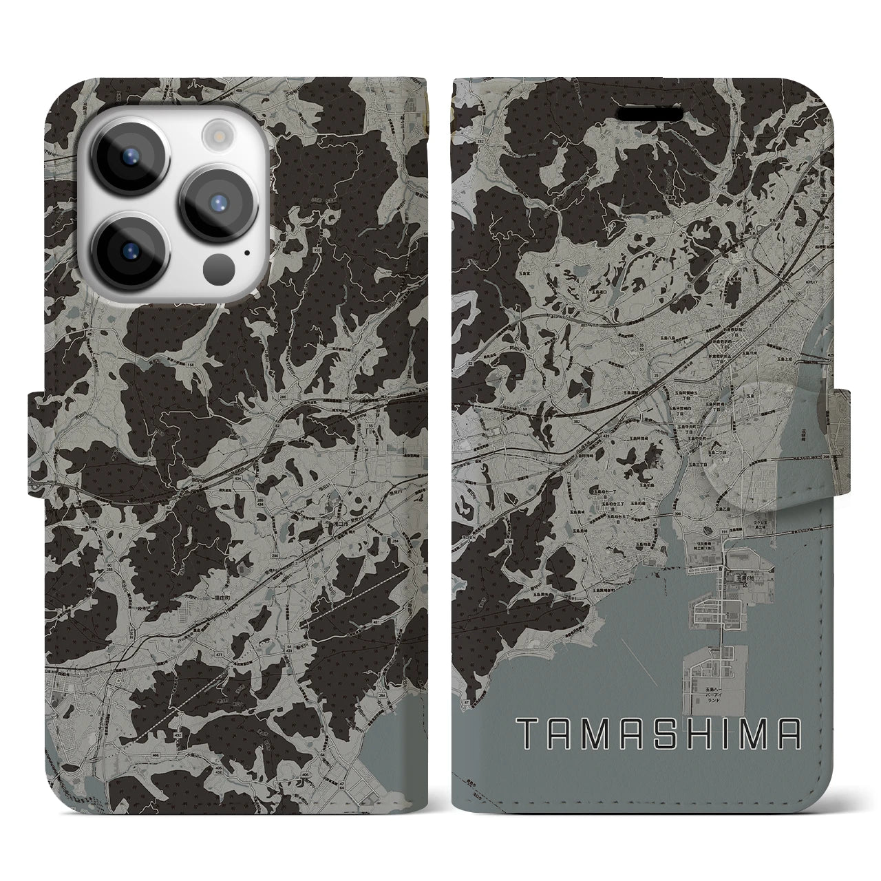 【玉島(岡山県)】地図柄iPhoneケース(手帳タイプ)モノトーン・iPhone 14 Pro 用
