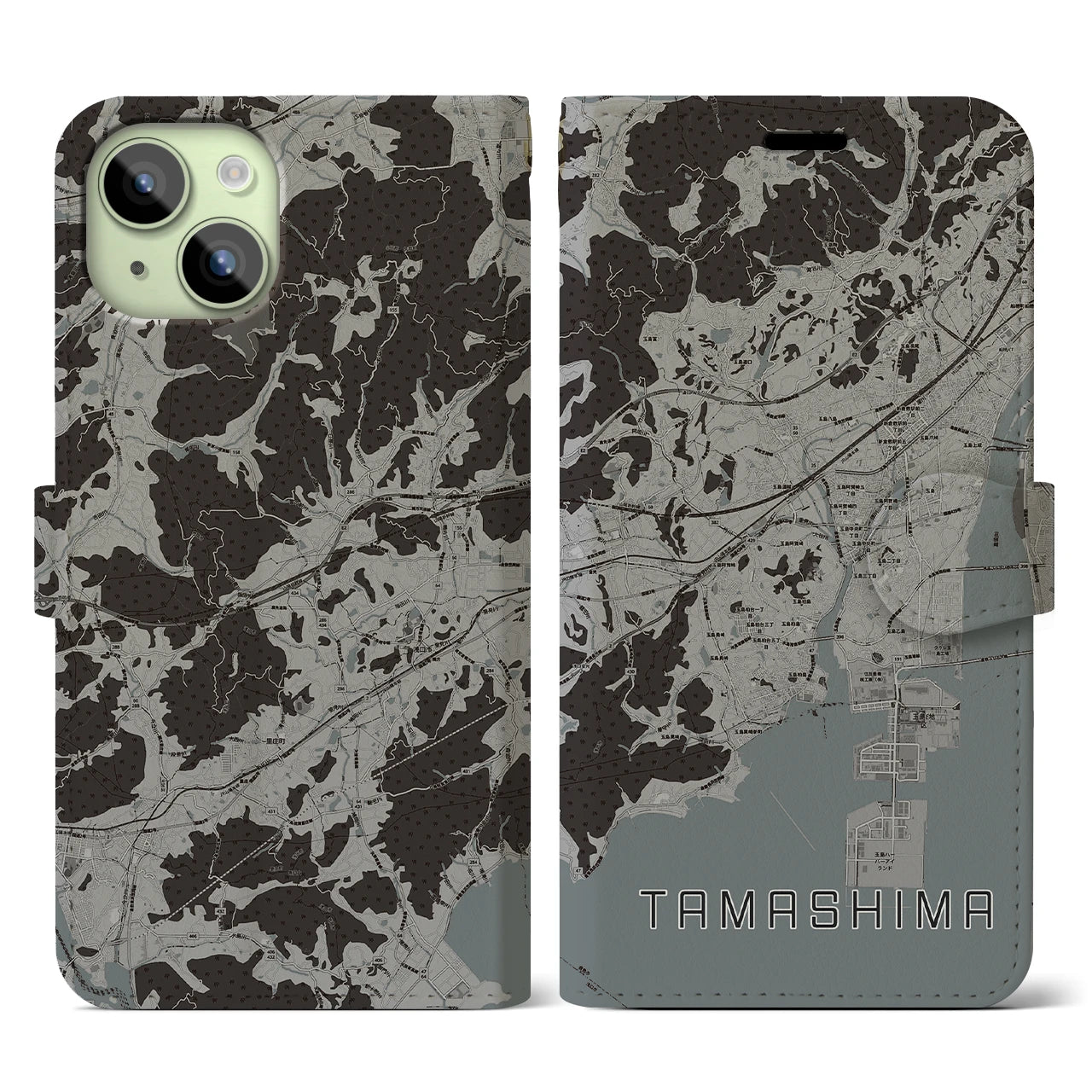 【玉島(岡山県)】地図柄iPhoneケース(手帳タイプ)モノトーン・iPhone 15 用