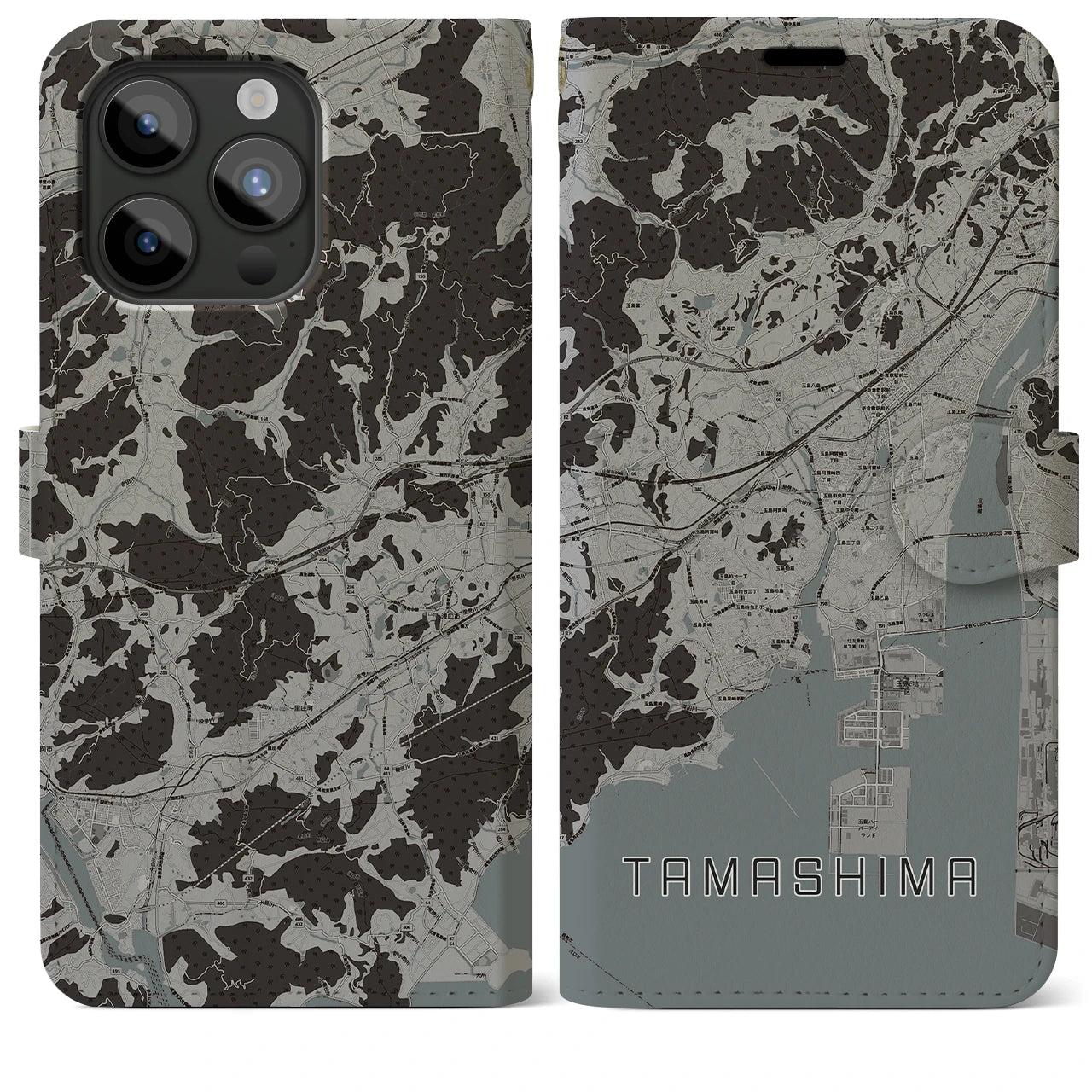 【玉島(岡山県)】地図柄iPhoneケース(手帳タイプ)モノトーン・iPhone 15 Pro Max 用