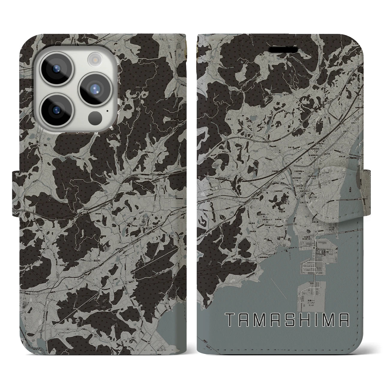 【玉島(岡山県)】地図柄iPhoneケース(手帳タイプ)モノトーン・iPhone 15 Pro 用
