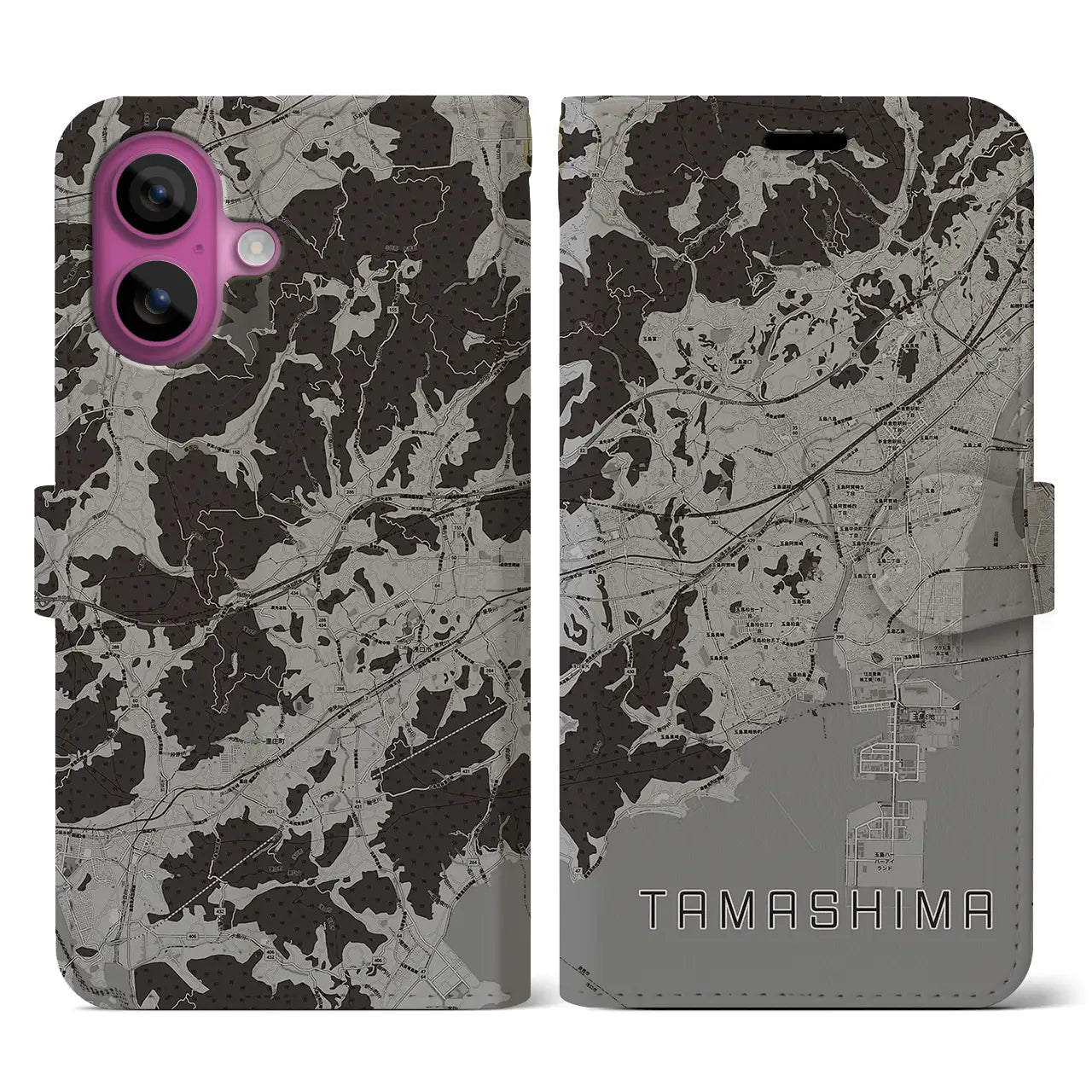 【玉島(岡山県)】地図柄iPhoneケース(手帳タイプ)モノトーン・iPhone 16 Pro 用