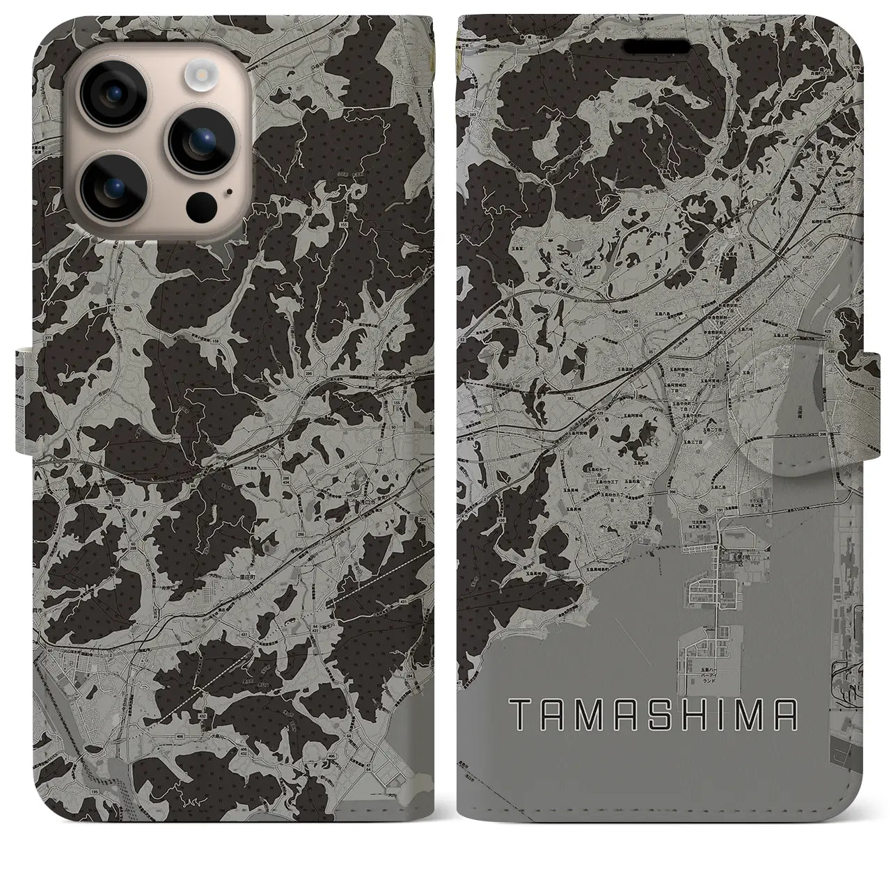 【玉島(岡山県)】地図柄iPhoneケース(手帳タイプ)モノトーン・iPhone 16 Plus 用