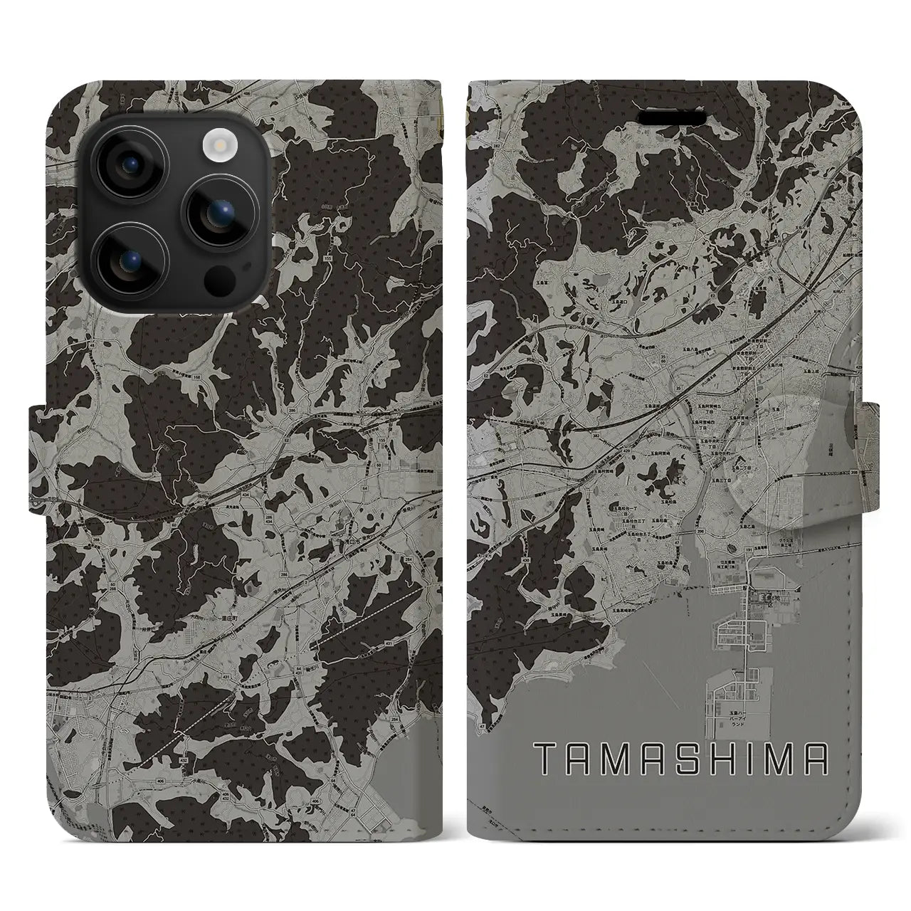 【玉島(岡山県)】地図柄iPhoneケース(手帳タイプ)モノトーン・iPhone 16 用