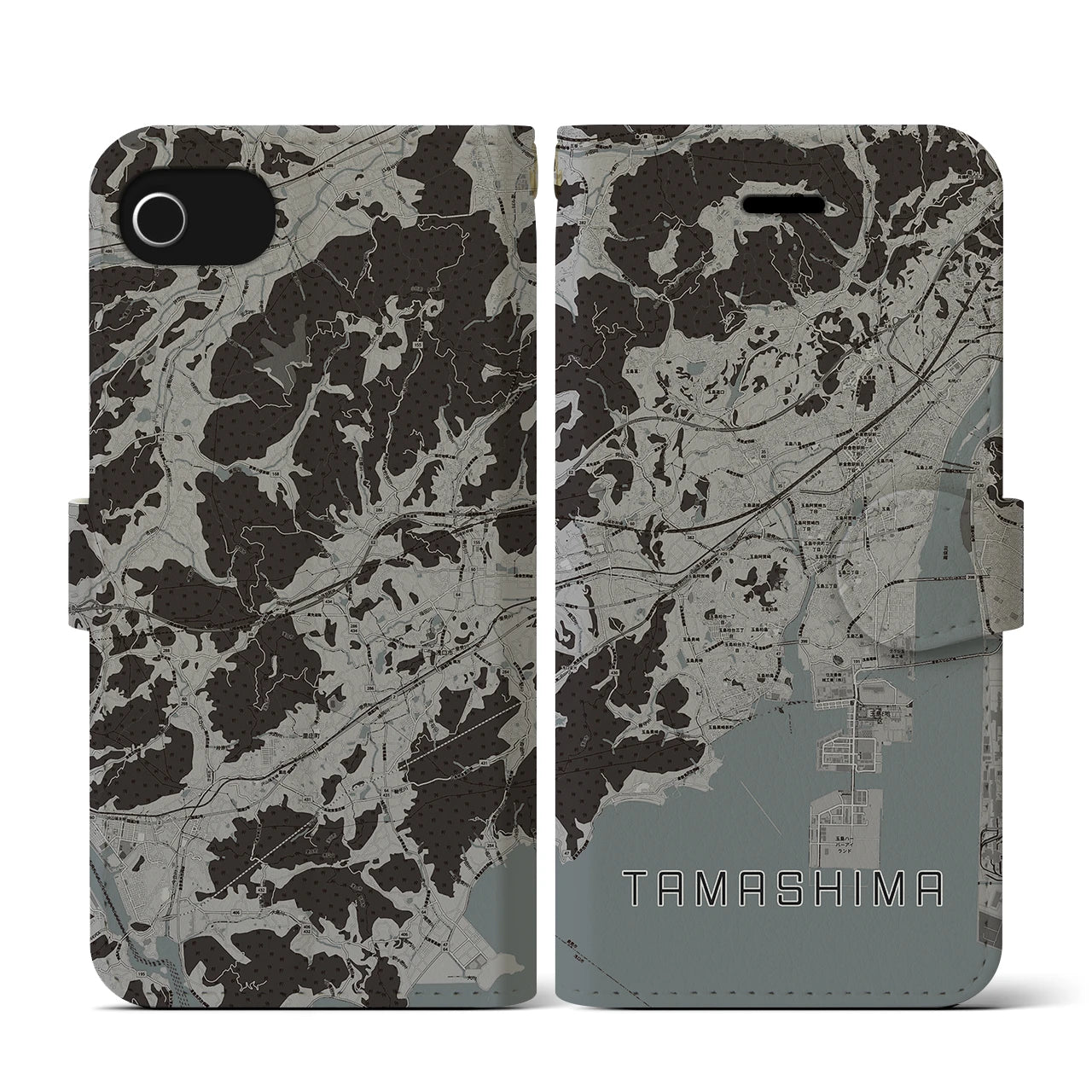 【玉島(岡山県)】地図柄iPhoneケース(手帳タイプ)モノトーン・iPhone SE(第3 / 第2世代) / 8 / 7 / 6s / 6 用