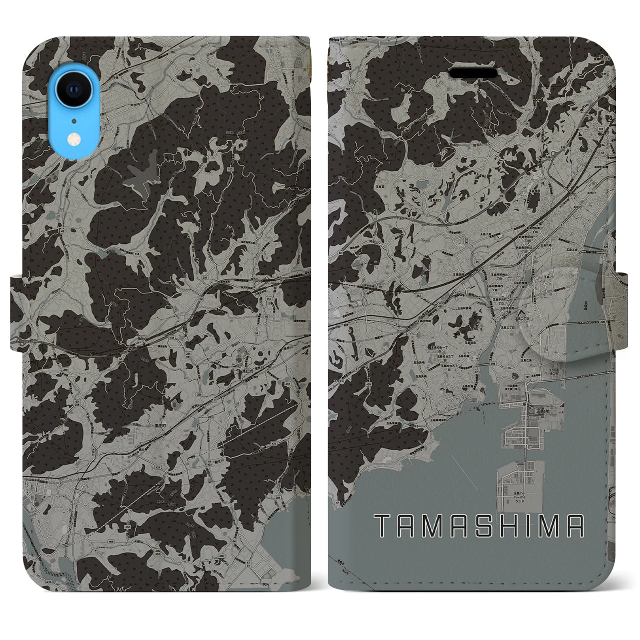 【玉島(岡山県)】地図柄iPhoneケース(手帳タイプ)モノトーン・iPhone XR 用