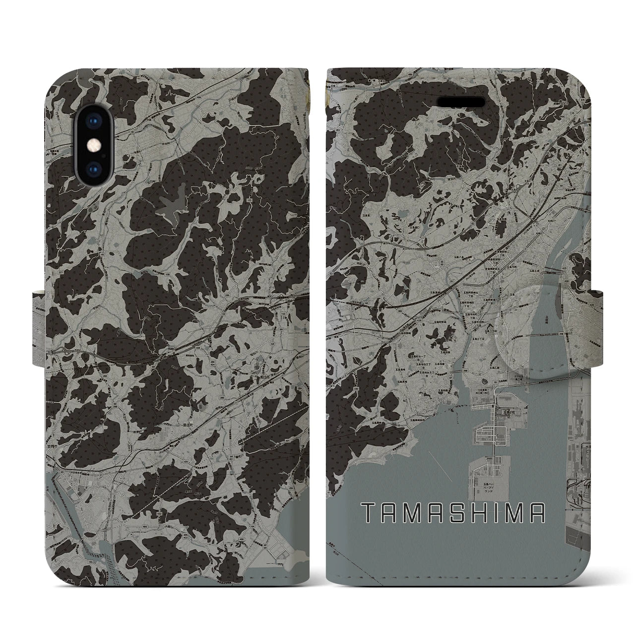 【玉島(岡山県)】地図柄iPhoneケース(手帳タイプ)モノトーン・iPhone XS / X 用