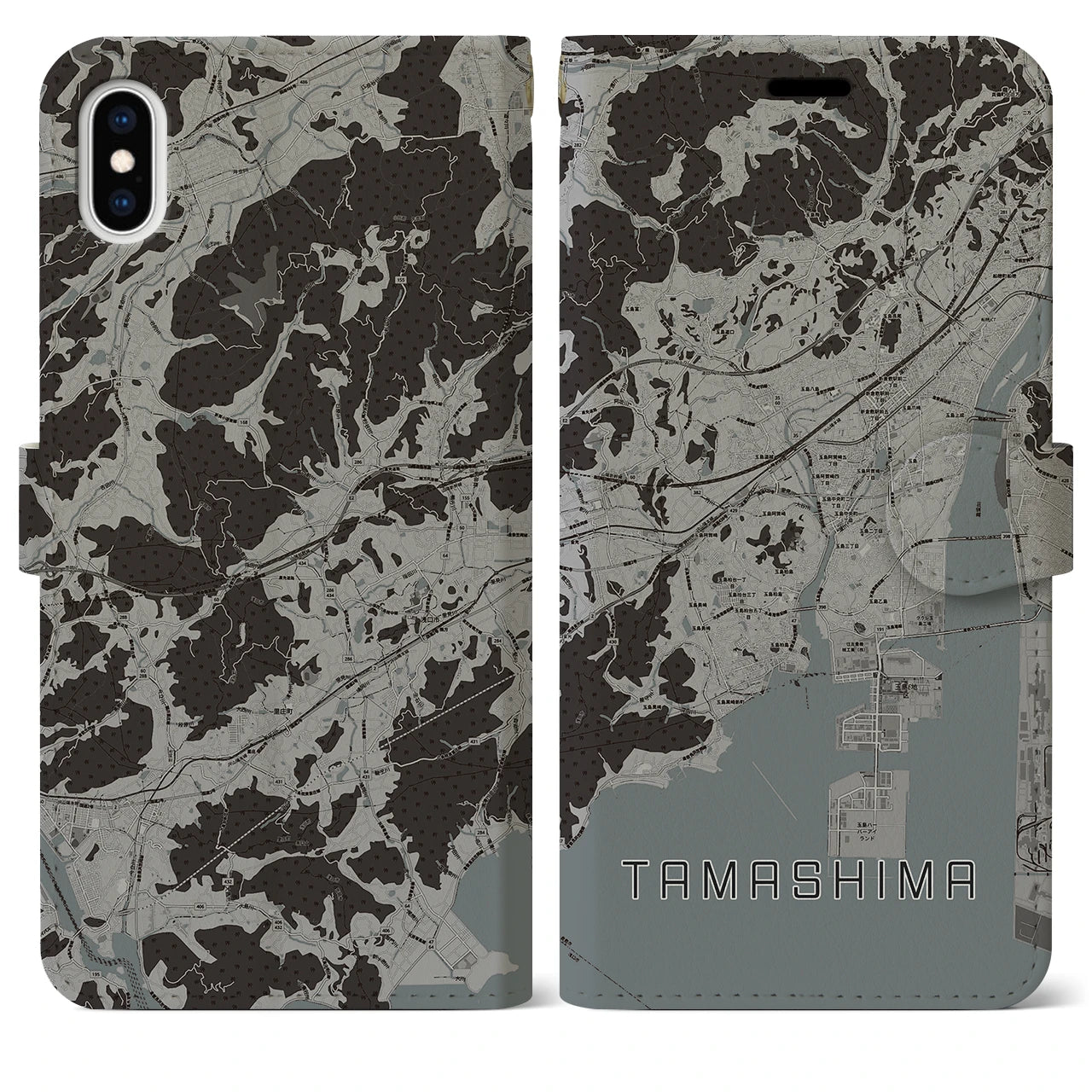 【玉島(岡山県)】地図柄iPhoneケース(手帳タイプ)モノトーン・iPhone XS Max 用