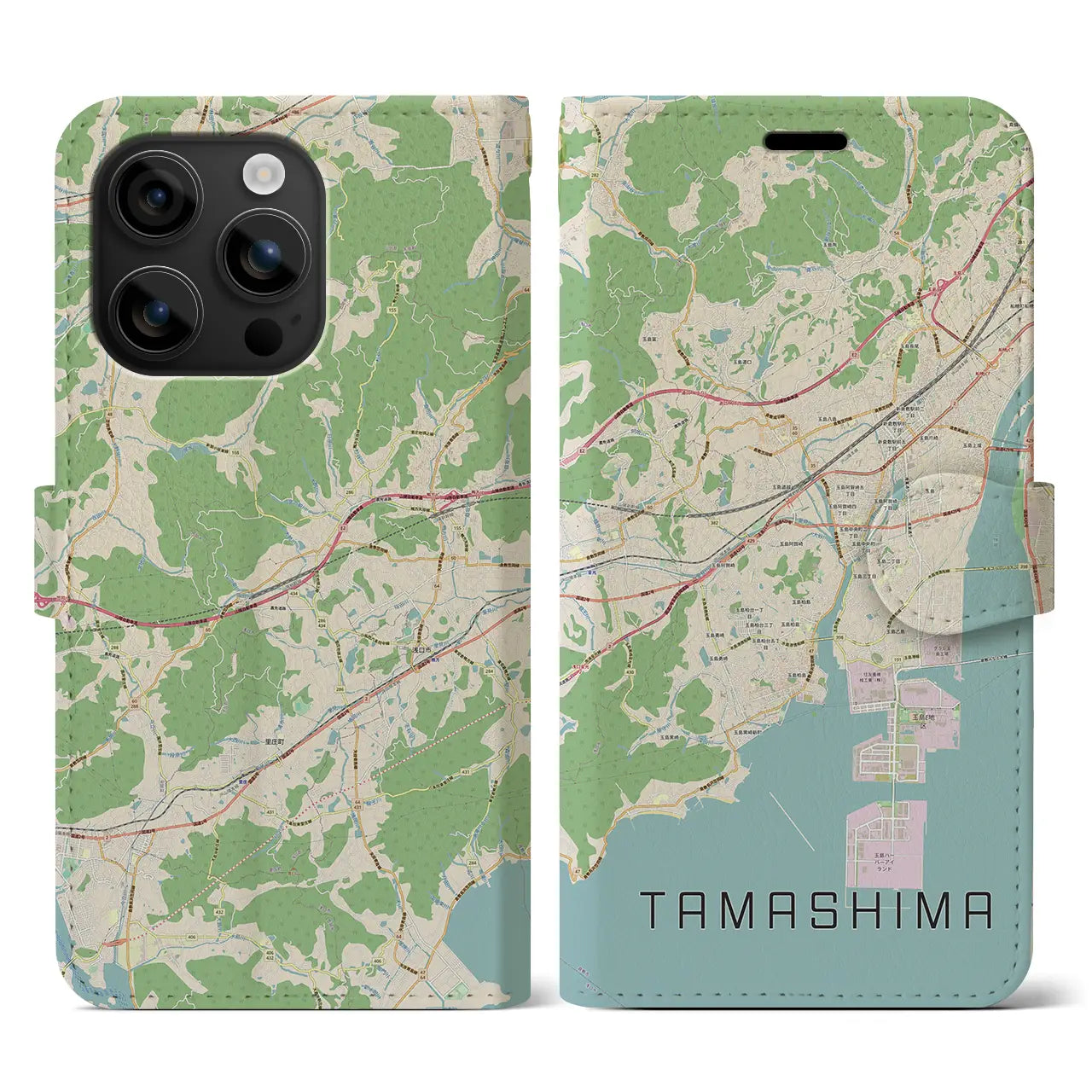 【玉島(岡山県)】地図柄iPhoneケース(手帳タイプ)ナチュラル・iPhone 16 用