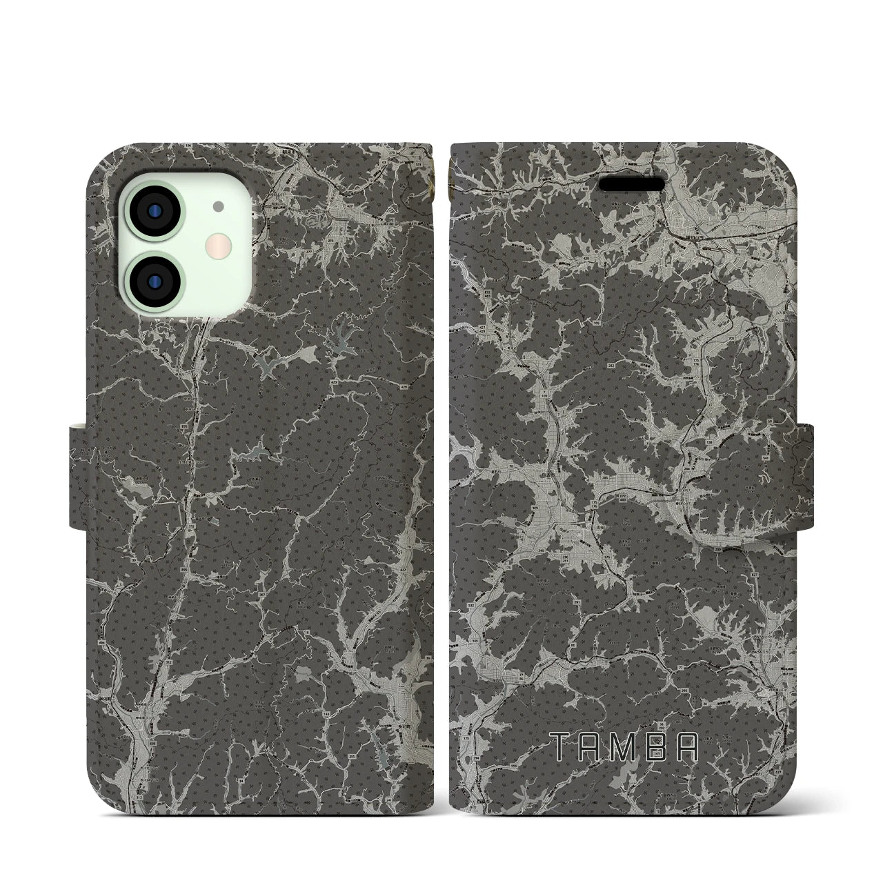 【丹波(兵庫県)】地図柄iPhoneケース(手帳タイプ)モノトーン・iPhone 12 mini 用