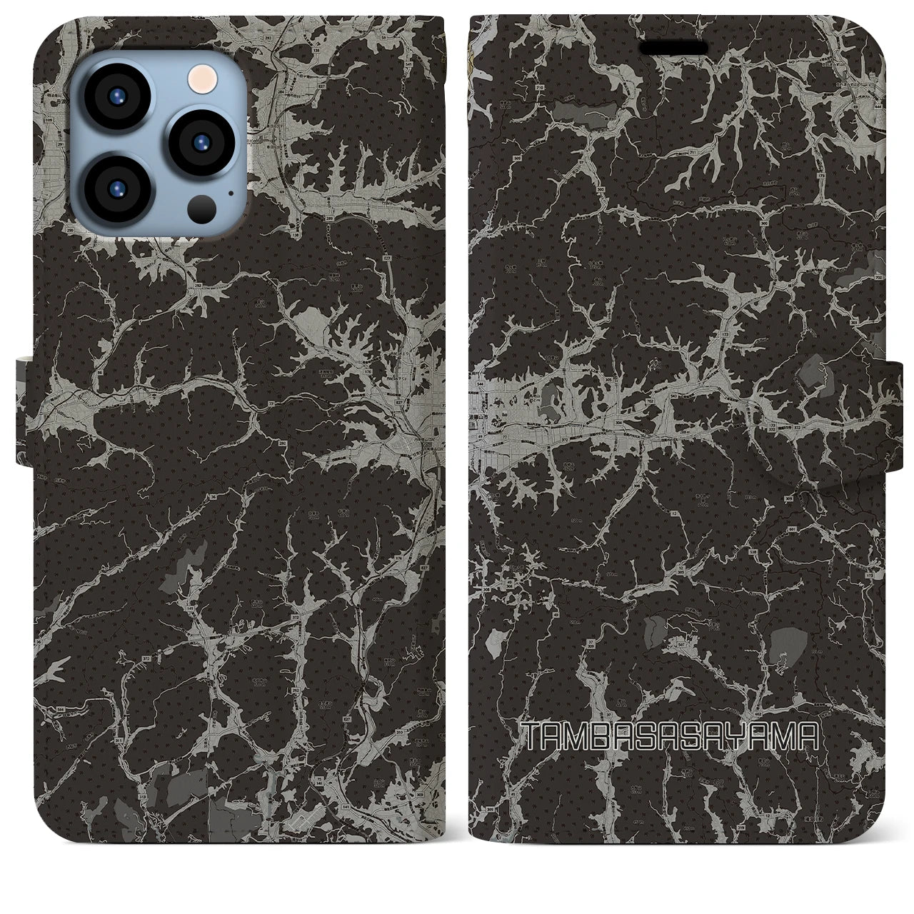 【丹波篠山(兵庫県)】地図柄iPhoneケース(手帳タイプ)モノトーン・iPhone 13 Pro Max 用