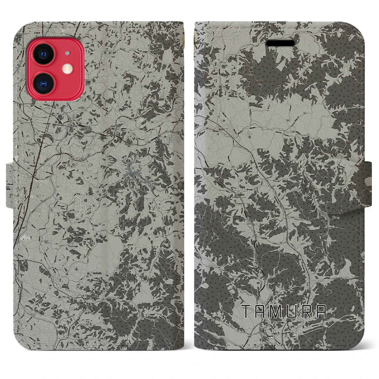 【田村(福島県)】地図柄iPhoneケース(手帳タイプ)モノトーン・iPhone 11 用