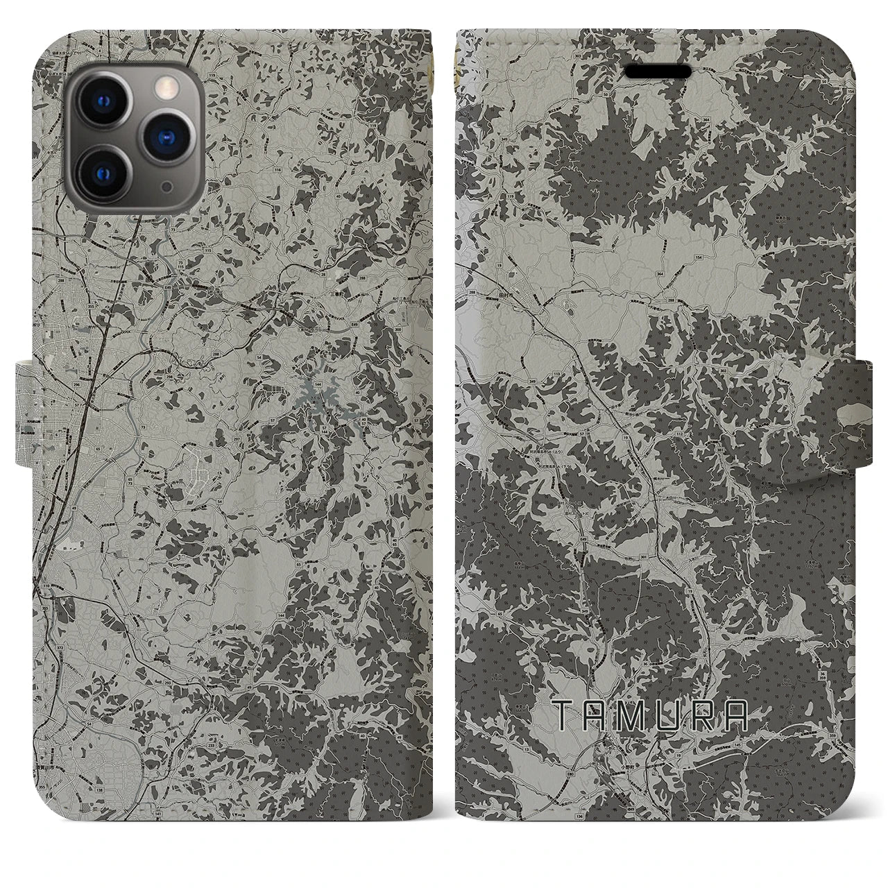 【田村(福島県)】地図柄iPhoneケース(手帳タイプ)モノトーン・iPhone 11 Pro Max 用