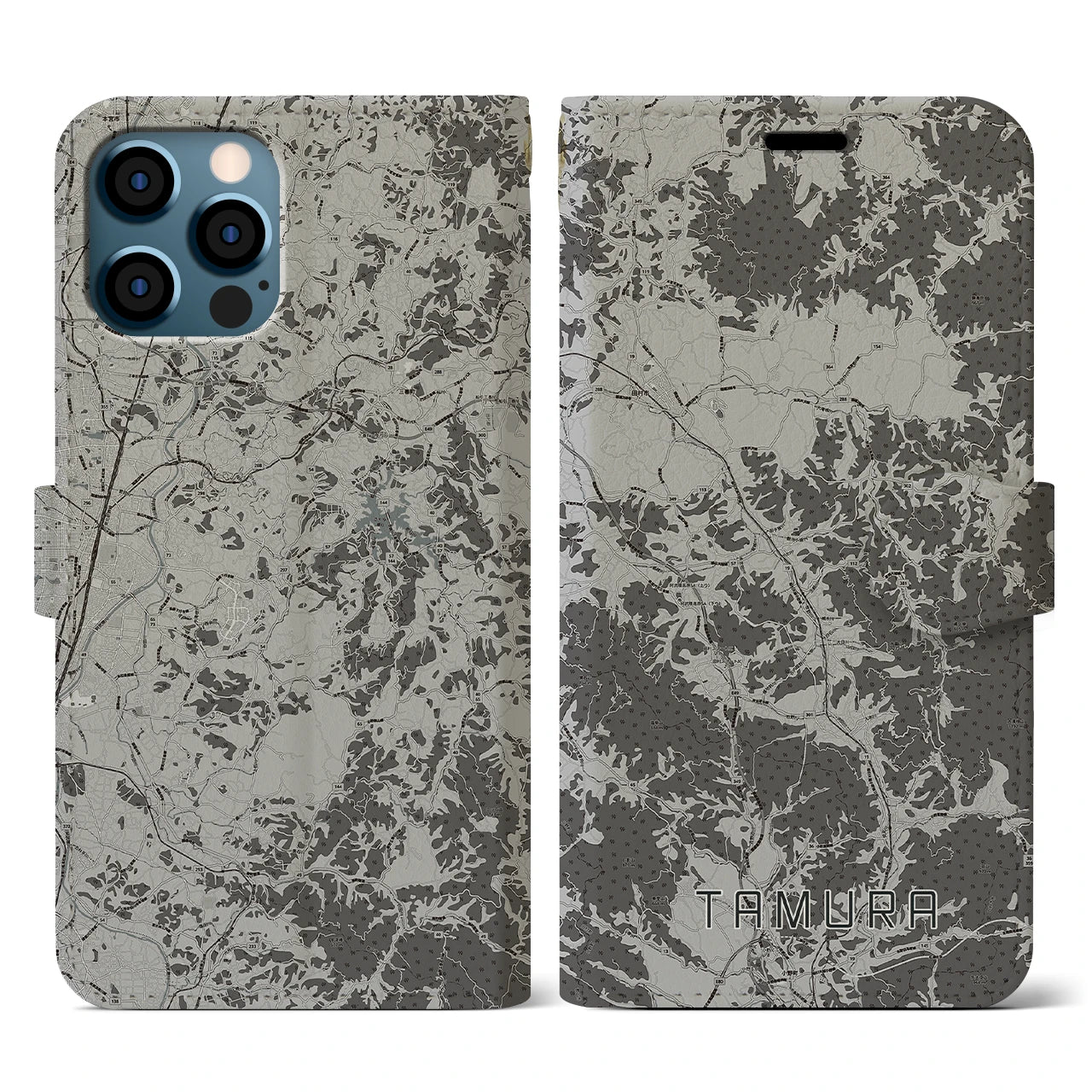 【田村(福島県)】地図柄iPhoneケース(手帳タイプ)モノトーン・iPhone 12 / 12 Pro 用