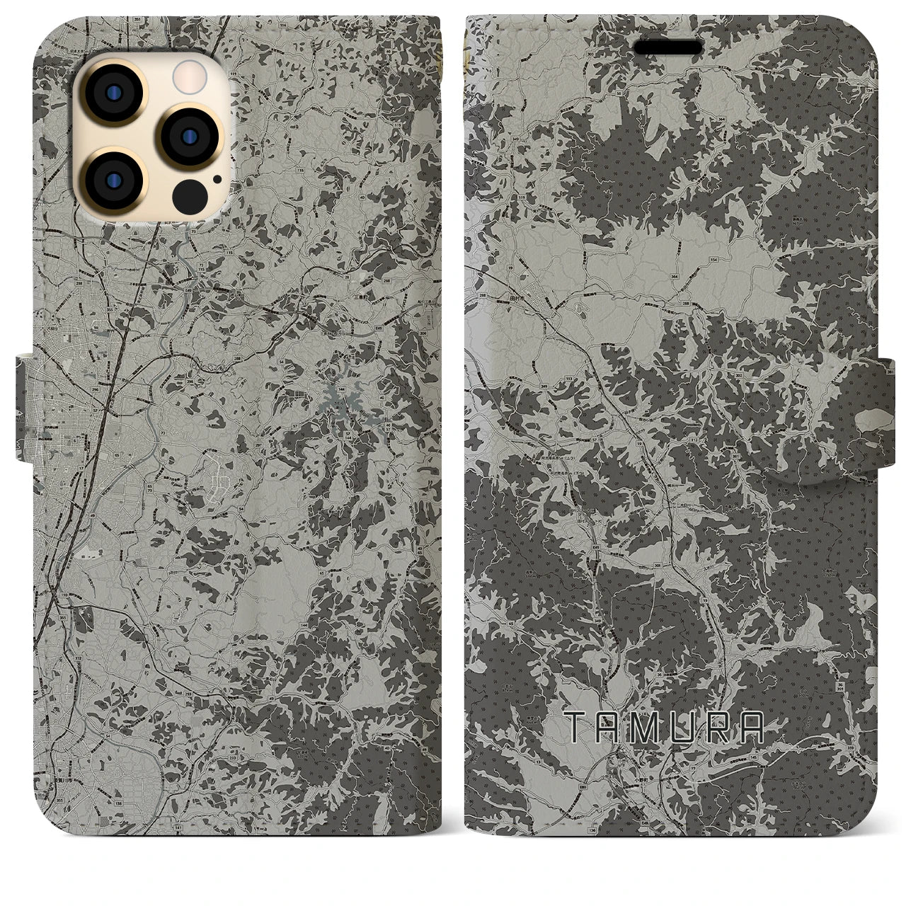 【田村(福島県)】地図柄iPhoneケース(手帳タイプ)モノトーン・iPhone 12 Pro Max 用