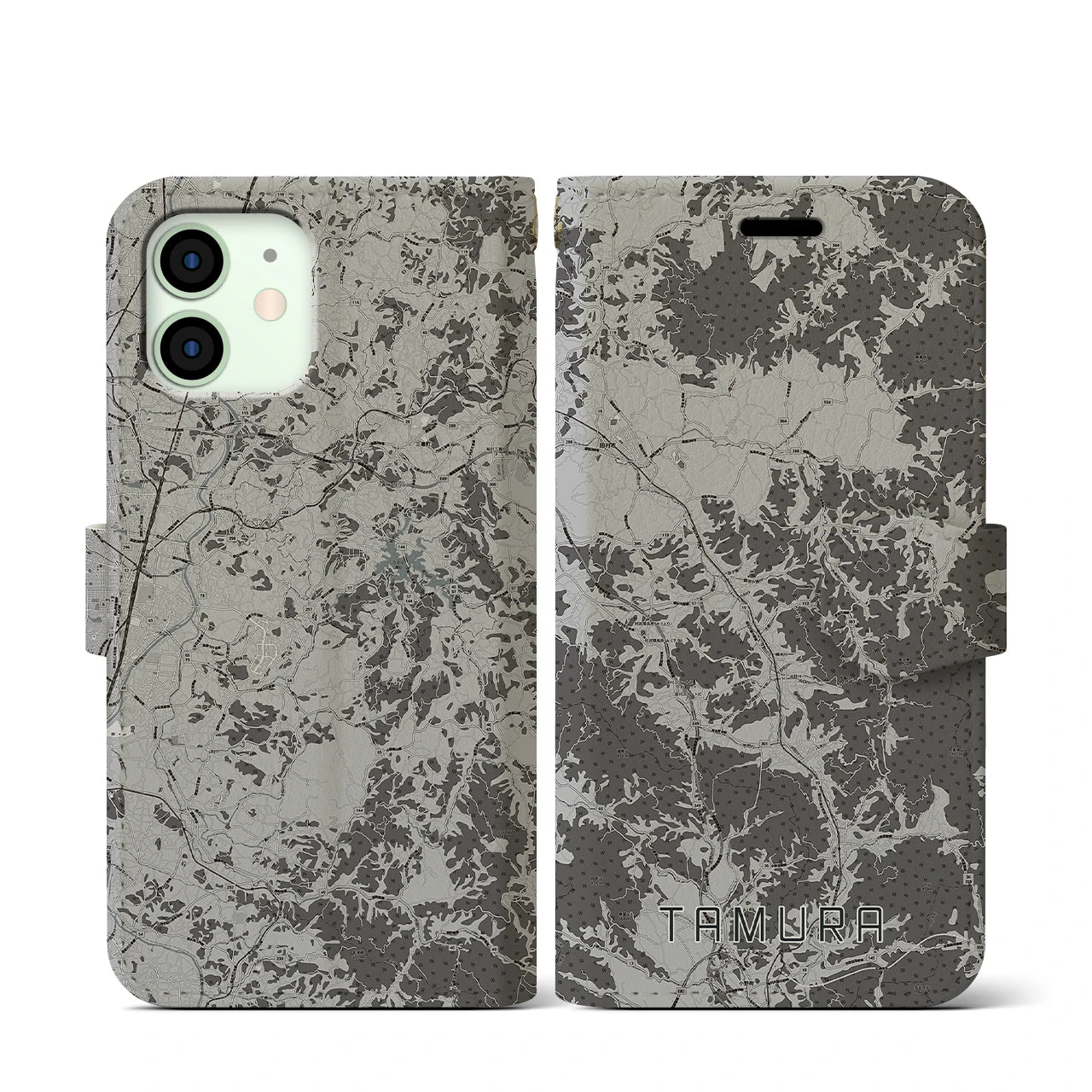 【田村(福島県)】地図柄iPhoneケース(手帳タイプ)モノトーン・iPhone 12 mini 用