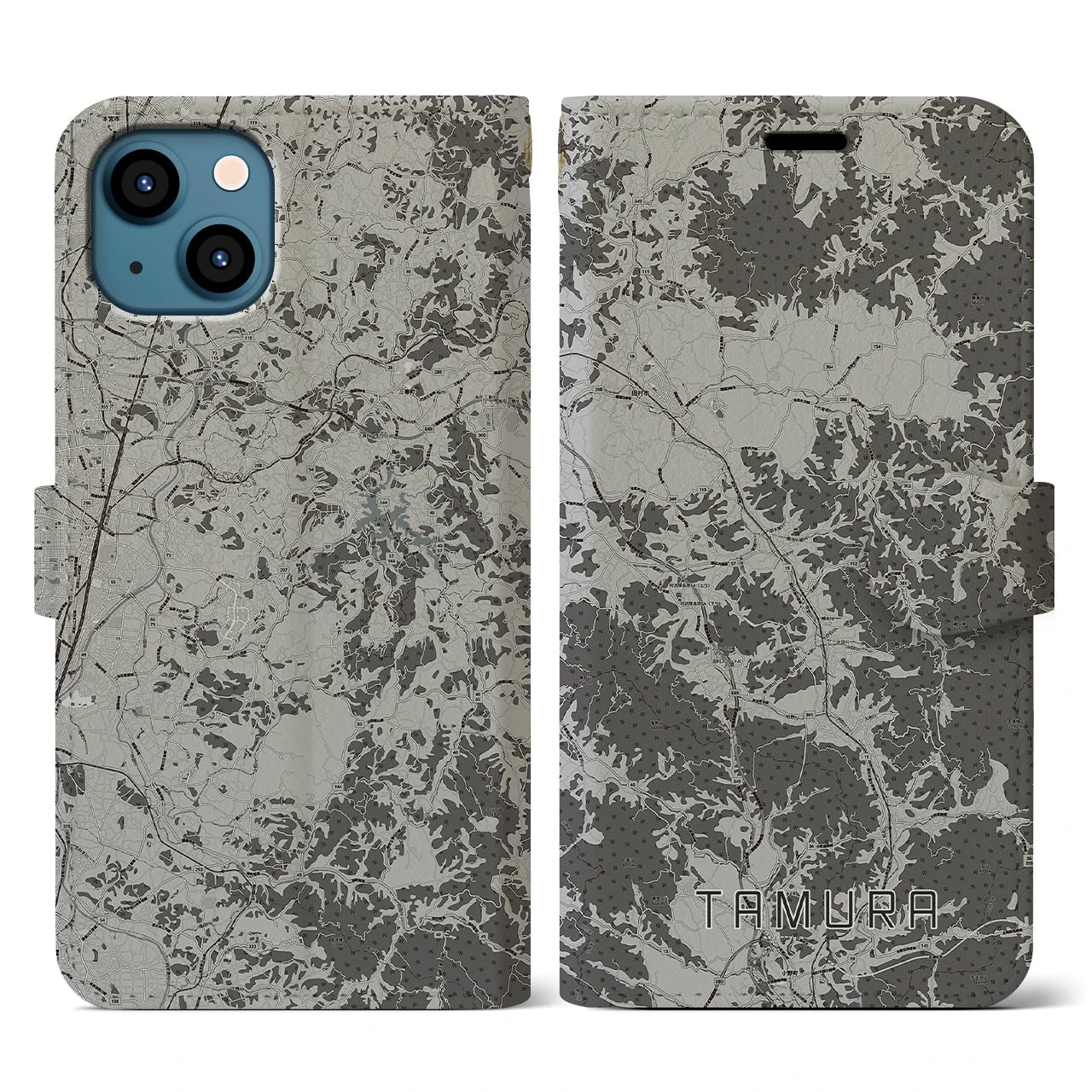 【田村(福島県)】地図柄iPhoneケース(手帳タイプ)モノトーン・iPhone 13 用
