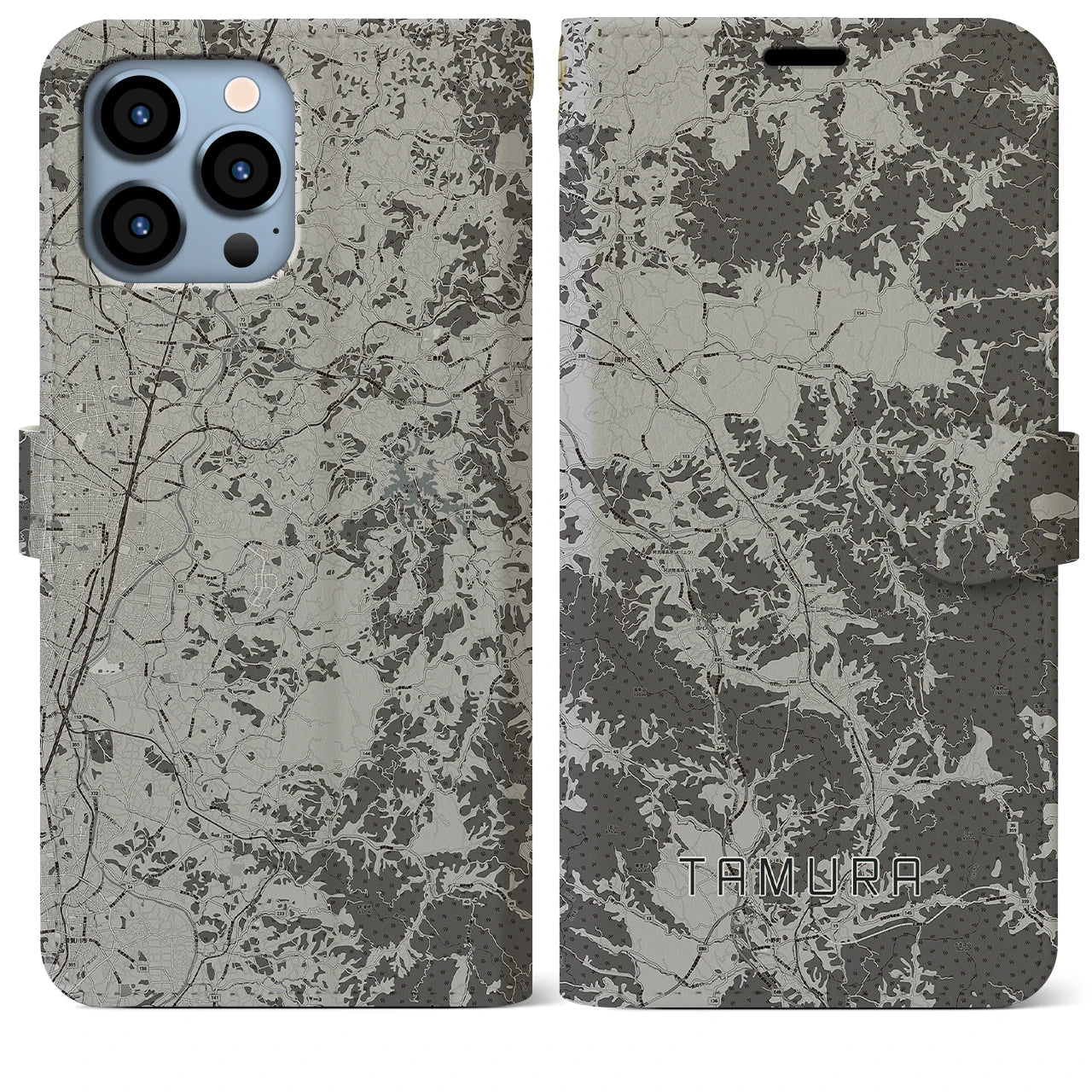 【田村(福島県)】地図柄iPhoneケース(手帳タイプ)モノトーン・iPhone 13 Pro Max 用