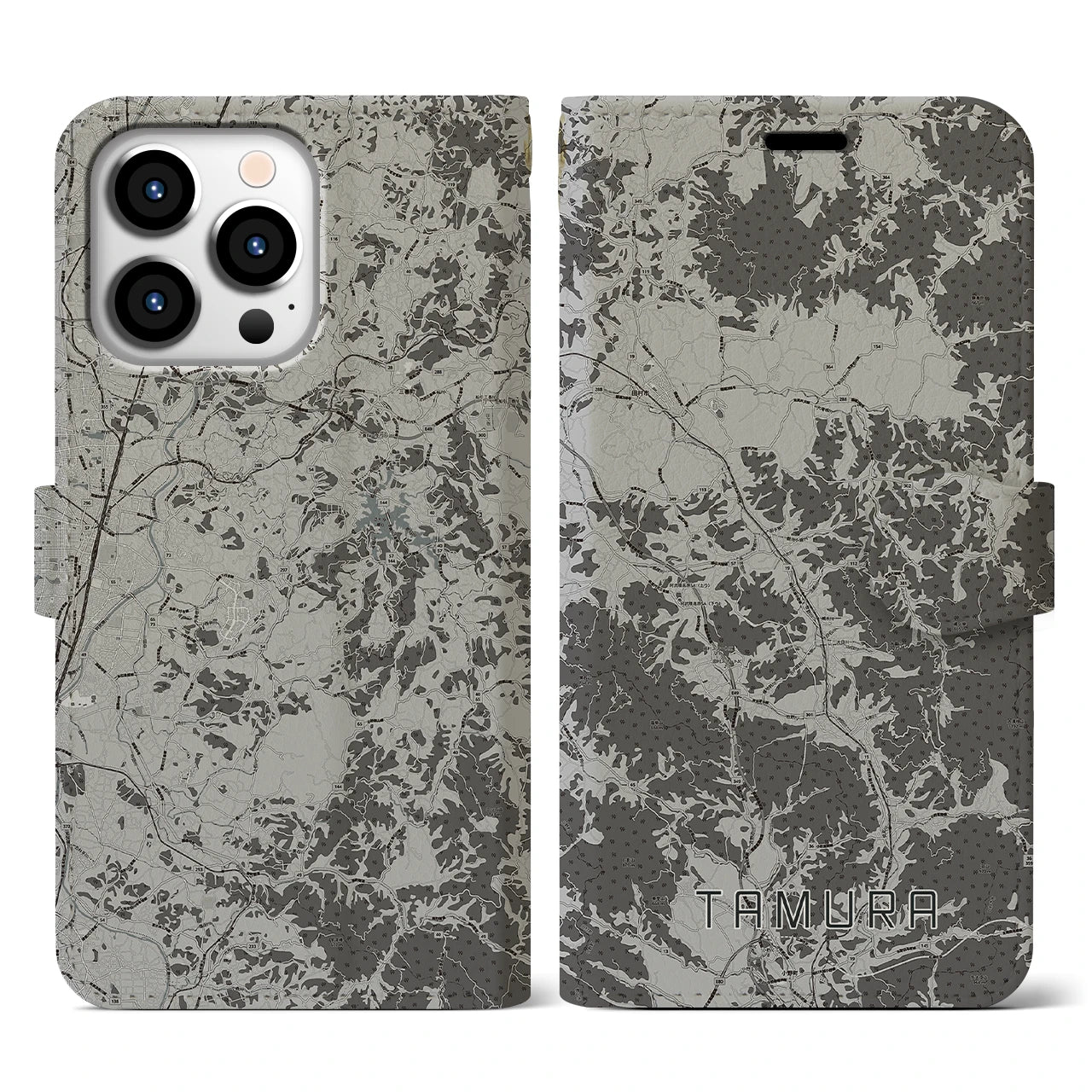 【田村(福島県)】地図柄iPhoneケース(手帳タイプ)モノトーン・iPhone 13 Pro 用