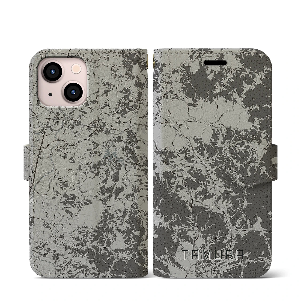 【田村(福島県)】地図柄iPhoneケース(手帳タイプ)モノトーン・iPhone 13 mini 用